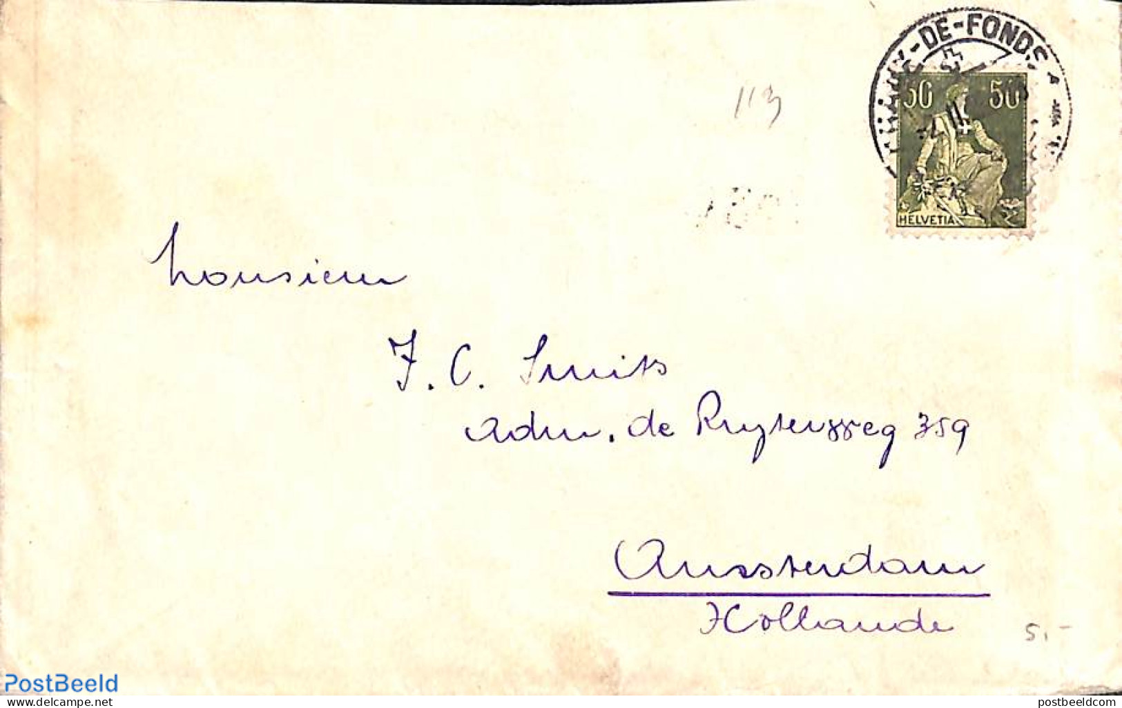 Switzerland 1922 Envelope From La Chaux-de-Fonds To Amsterdam, Postal History - Briefe U. Dokumente