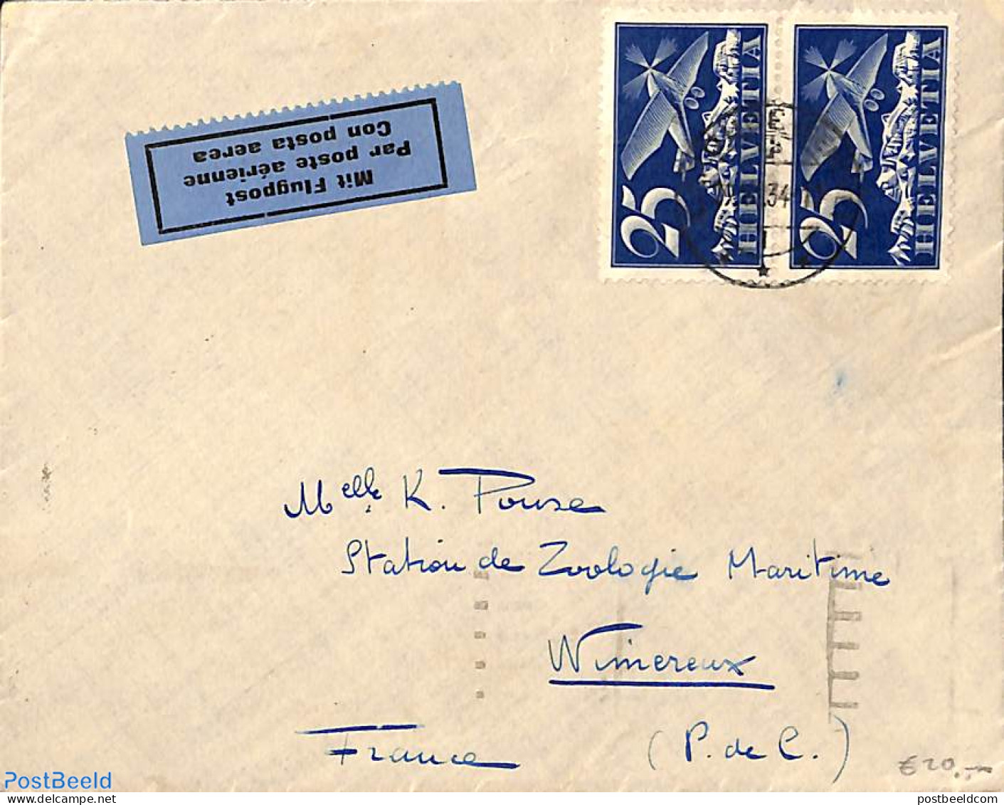 Switzerland 1934 Airmail From Zwitserland To France, Postal History - Briefe U. Dokumente