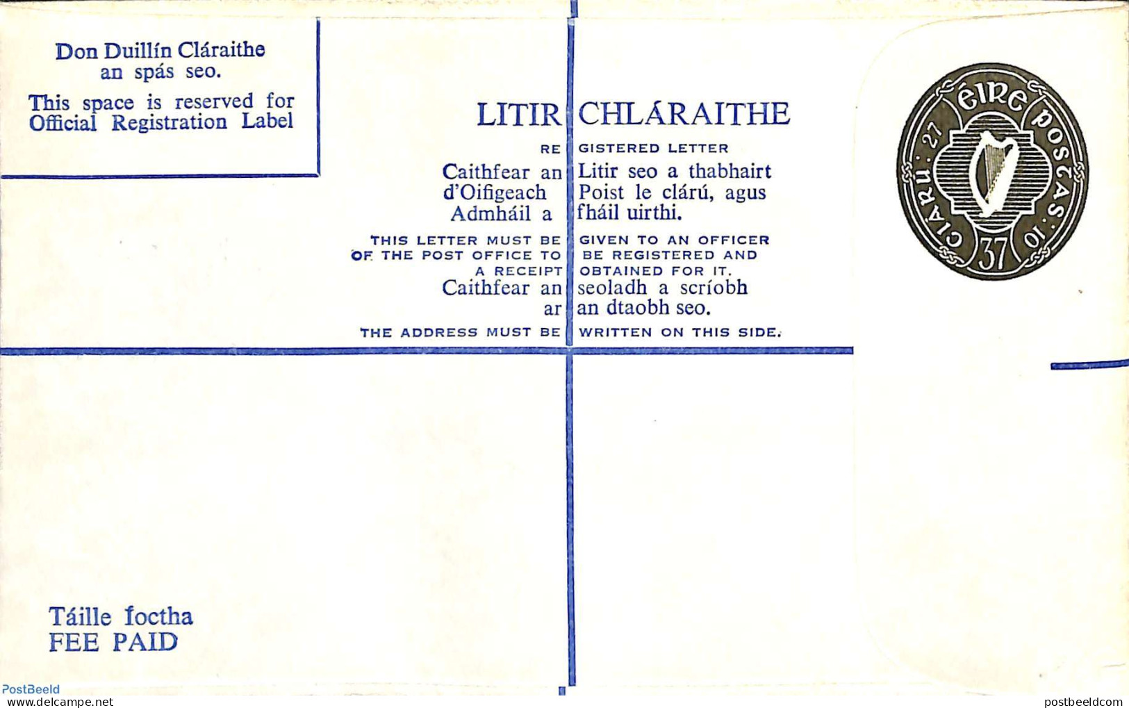 Ireland 1976 Registered Letter Envelope 37p (6.35 In Text), Unused Postal Stationary - Brieven En Documenten