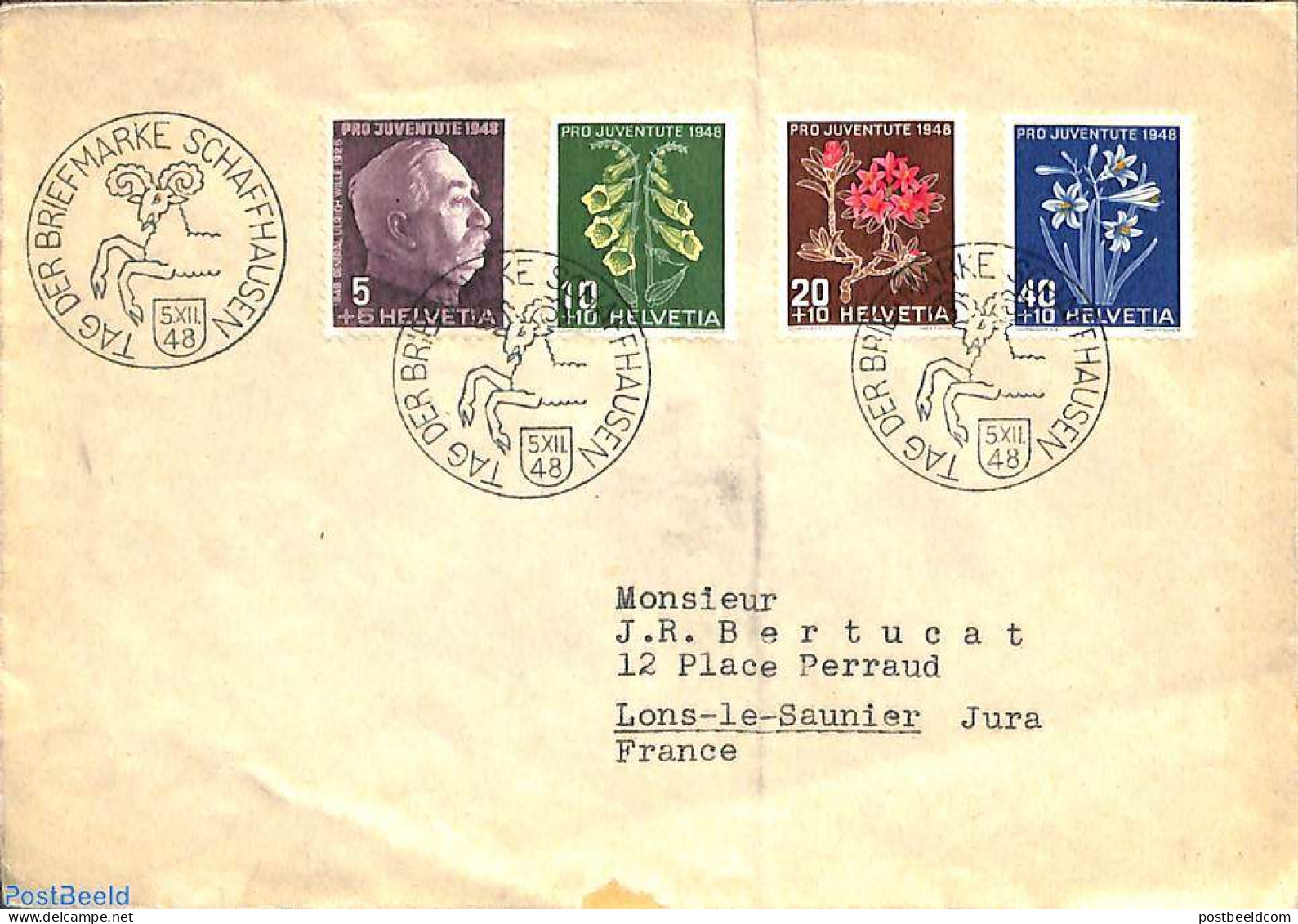 Switzerland 1948 Envelope To Lons-Le-Saunier, France. Tag Der Briefmarket '48, Postal History - Brieven En Documenten