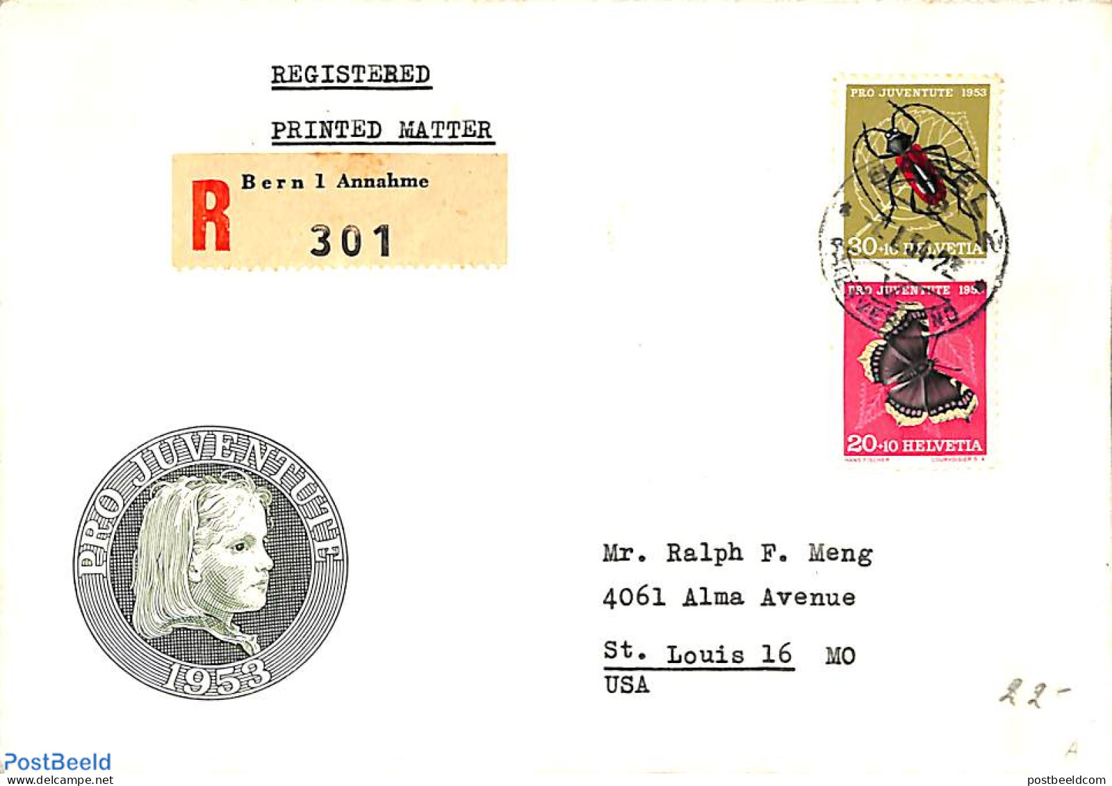 Switzerland 1954 Registered Envelope From Annahme To St.Louis, Postal History - Brieven En Documenten