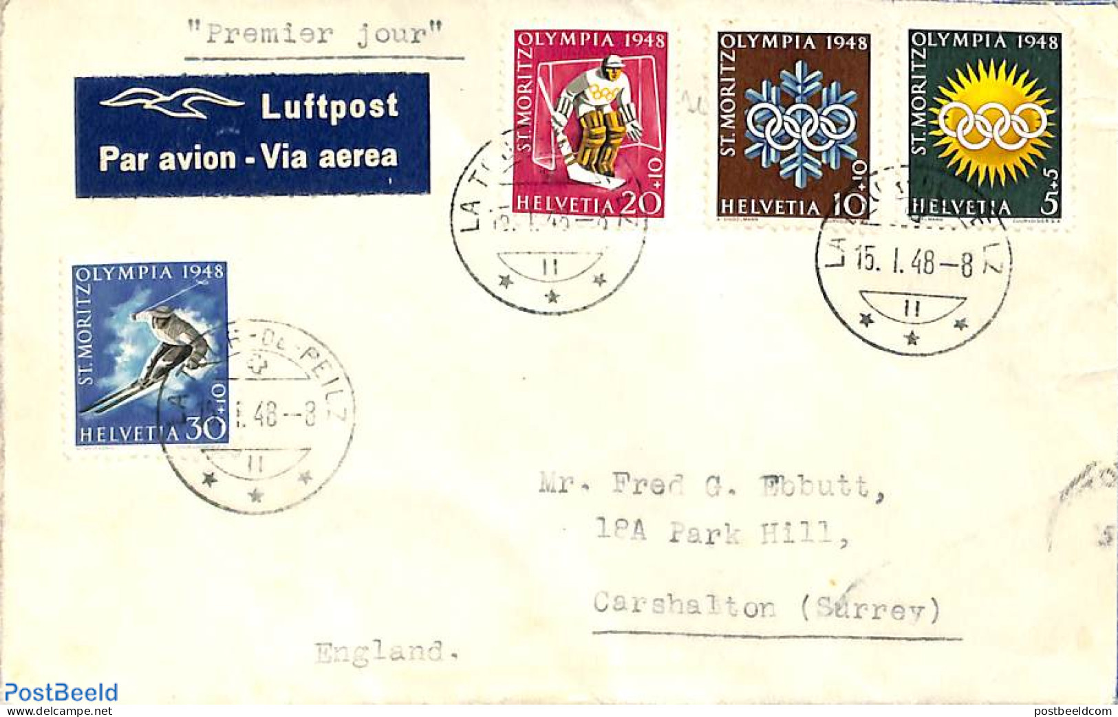 Switzerland 1948 Airmail To Carshalton England. Primier Jour/ First Day Envelope , Postal History - Cartas & Documentos