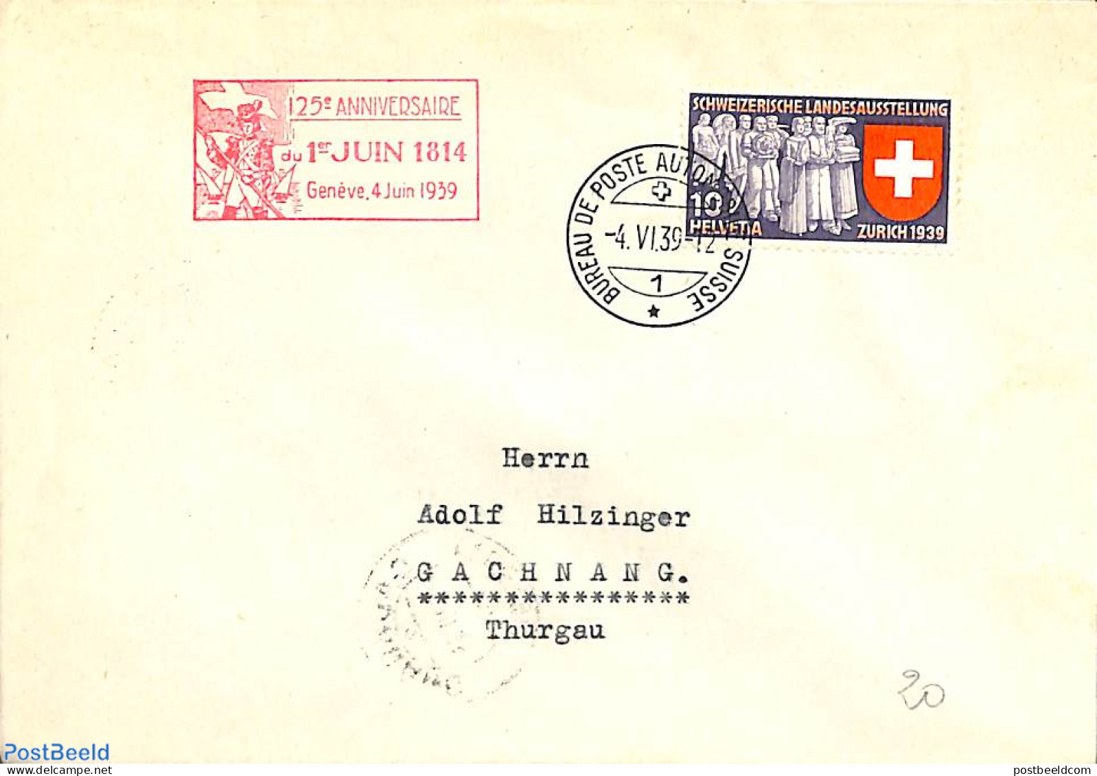 Switzerland 1939 Envelope To Thurgau. 125 Anniversaire, Postal History - Briefe U. Dokumente