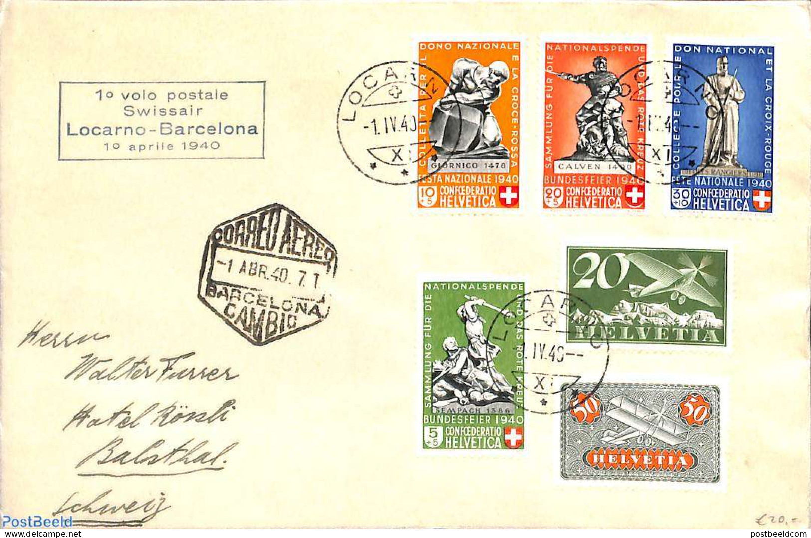 Switzerland 1940 Unopened Letter From Locarno.  Locarno-Barcelon '40 Mark., Postal History - Briefe U. Dokumente