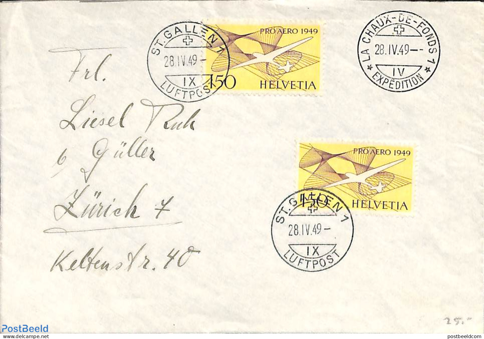 Switzerland 1949 Envelope From St Gallen To Zurich. Pro Aero '49, Postal History - Covers & Documents