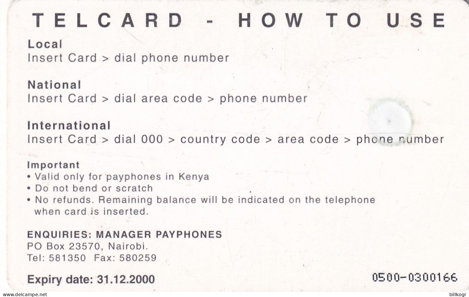 KENYA - Telemart Technologies, Telecom Kenya Telecard 500/-, Exp.date 31/12/00, Used - Kenia