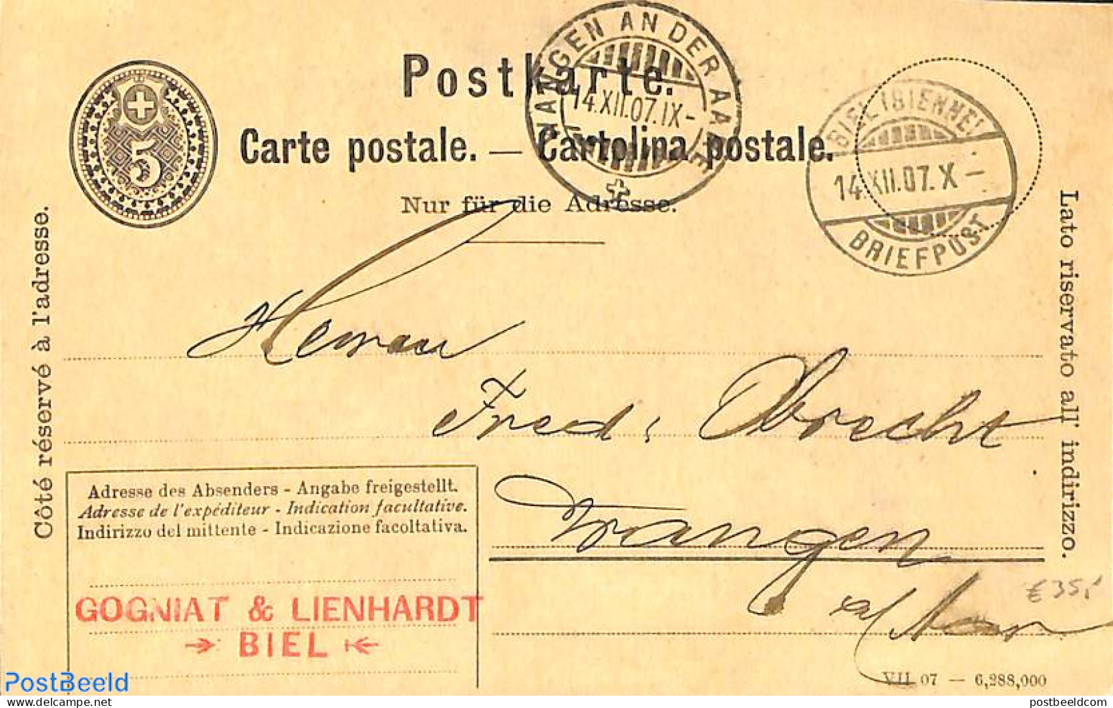 Switzerland 1907 Postcard From Bienne. Gogniat & Lienhardt , Postal History - Covers & Documents