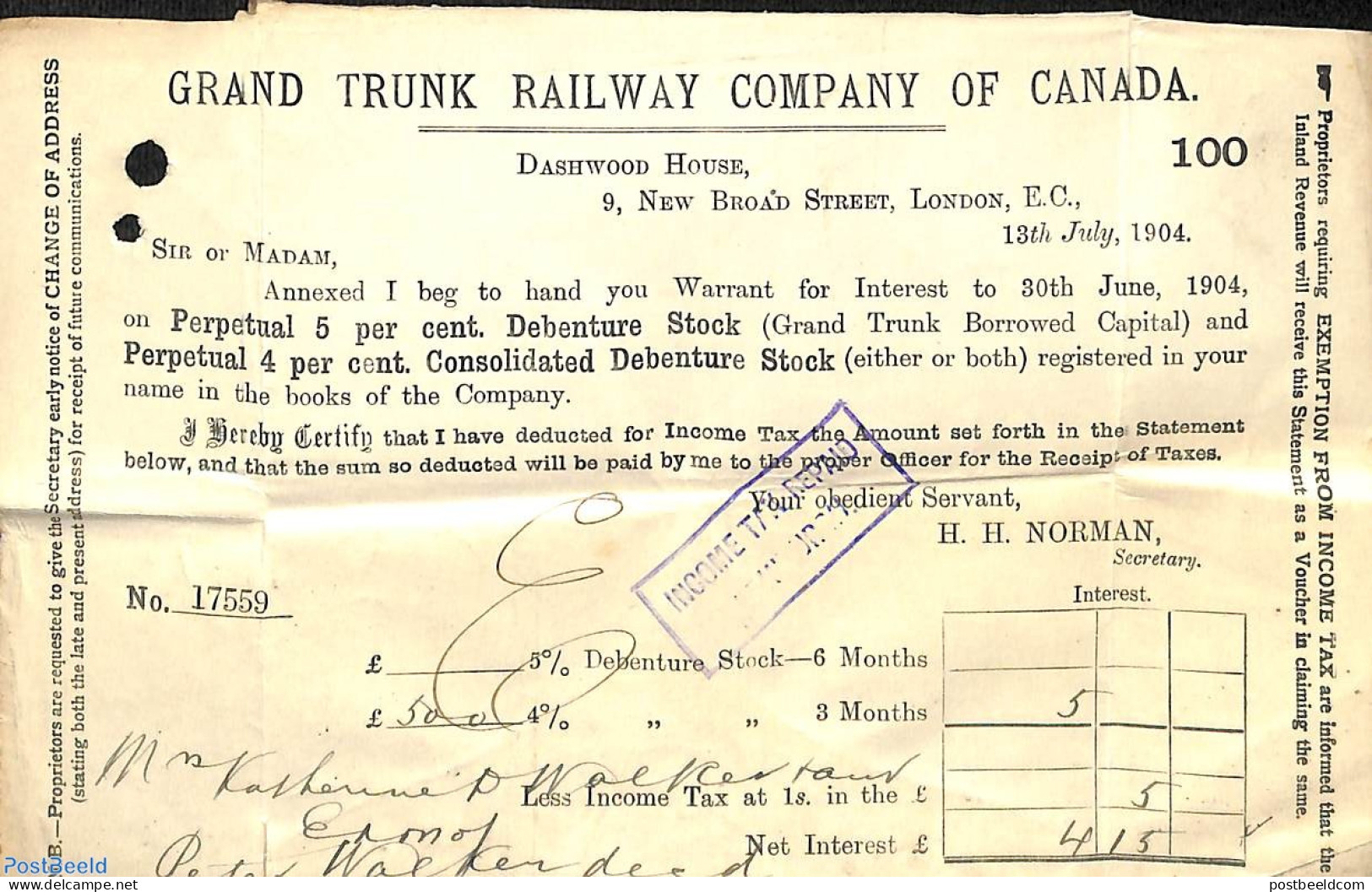 Great Britain 1904 Folding Letter From London. 'Grand Trunk Railway Company Of Canada, Postal History - Brieven En Documenten