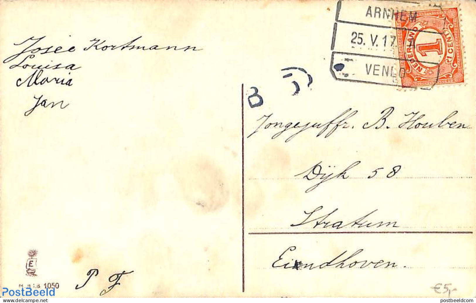 Netherlands 1917 Postcard To Eindhoven, See Postmark From Anrhem. RAILWAY POST, Postal History, Railways - Cartas & Documentos