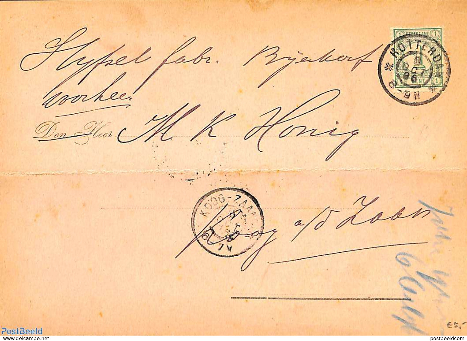 Netherlands 1896 Post From Rotterdam To Koog Zaandam, See Both Postmarks., Postal History - Brieven En Documenten