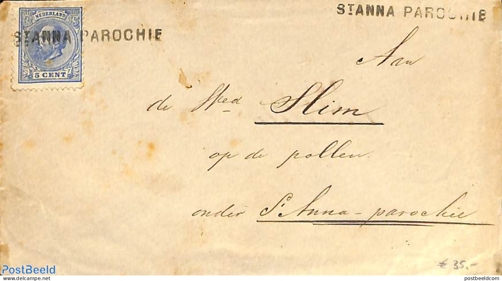 Netherlands 1899 Envelope To St. Anna Parochie. Langebalkstempel Between 1877 And 1899. , Postal History - Covers & Documents