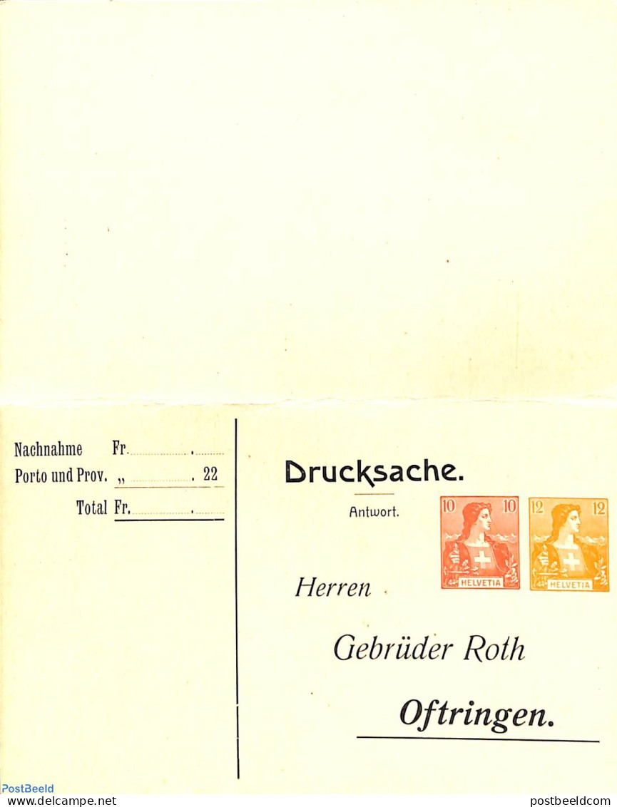 Switzerland 1909 Reply Paid Postcard 2/10+12c, Gebrüder Roth, Unused Postal Stationary - Cartas & Documentos