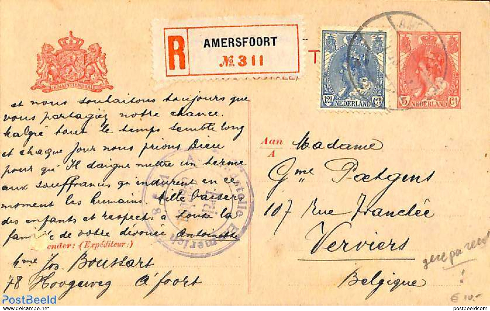 Netherlands 1918 Registered Postcard From Amersfoort To Verviers, Belgium. , Postal History - Cartas & Documentos