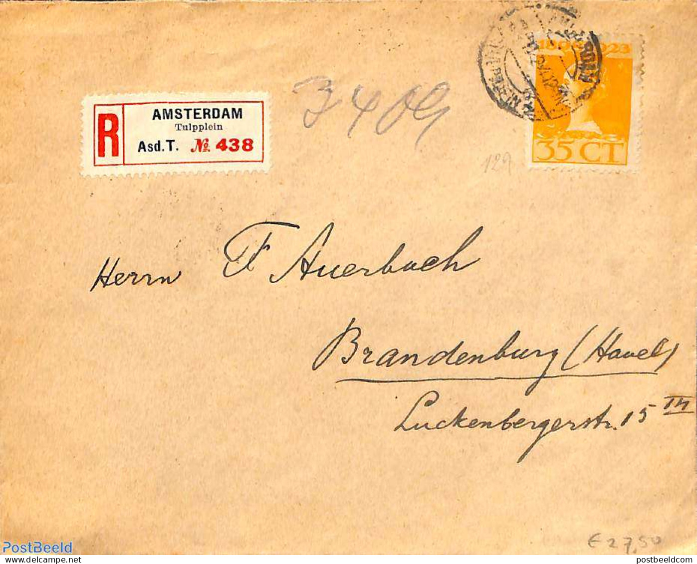 Netherlands 1924 Registered Cover From Amsterdam Tulpplein To Brandenburg, Postal History - Cartas & Documentos