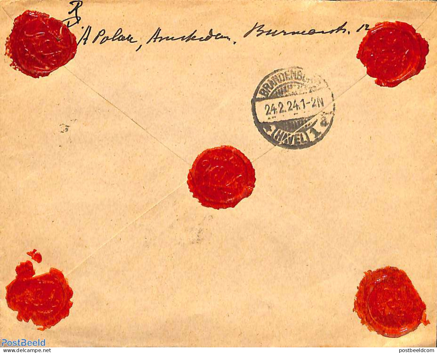 Netherlands 1924 Registered Cover From Amsterdam Tulpplein To Brandenburg, Postal History - Covers & Documents