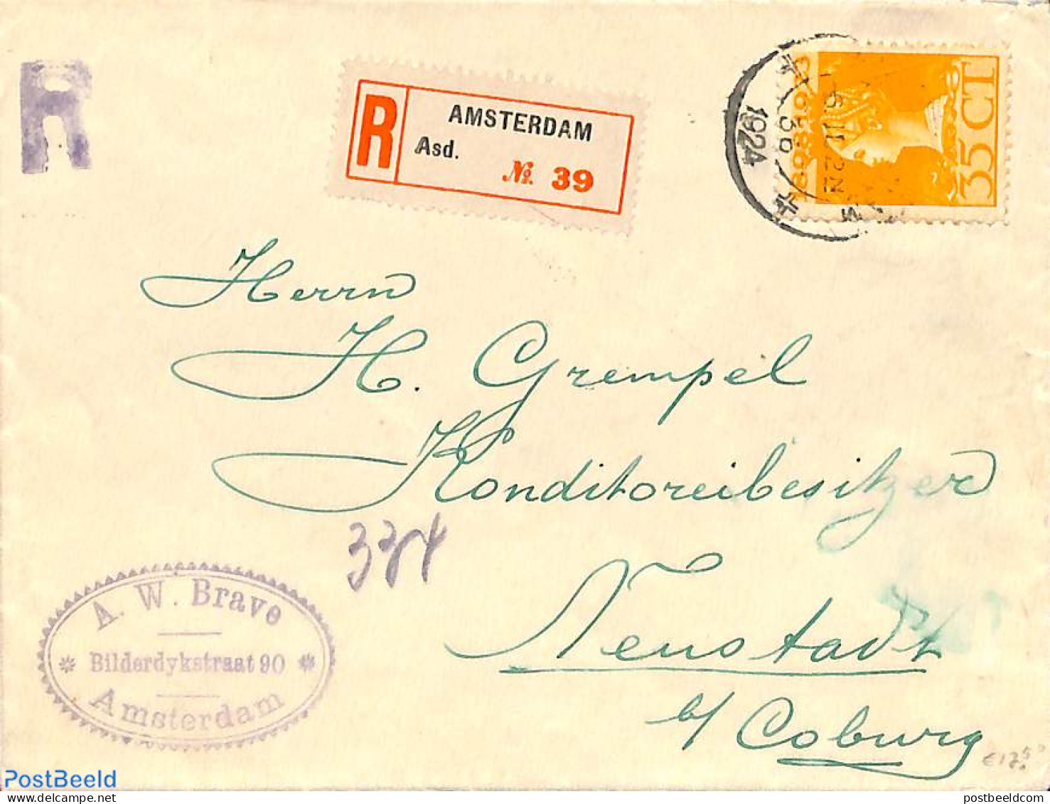 Netherlands 1924 Registered Cover From Amsterdam To Colburg, Germany, Postal History - Brieven En Documenten