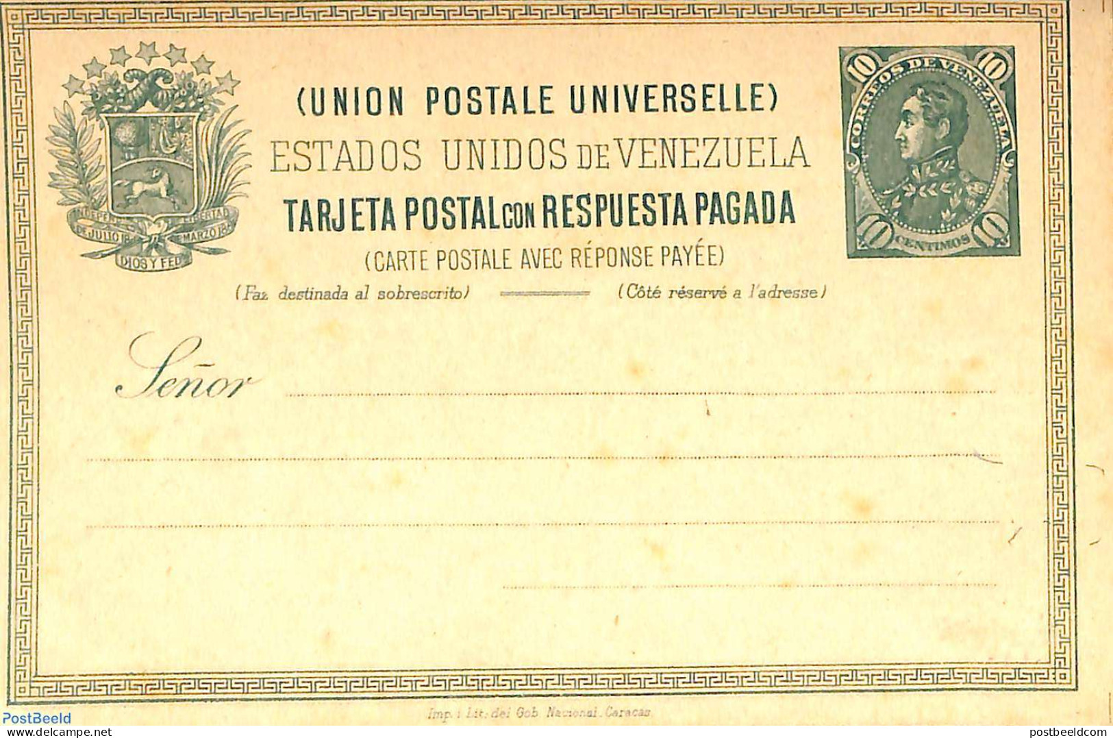Venezuela 1885 Reply Paid Postcard 10/10c, Unused Postal Stationary - Venezuela
