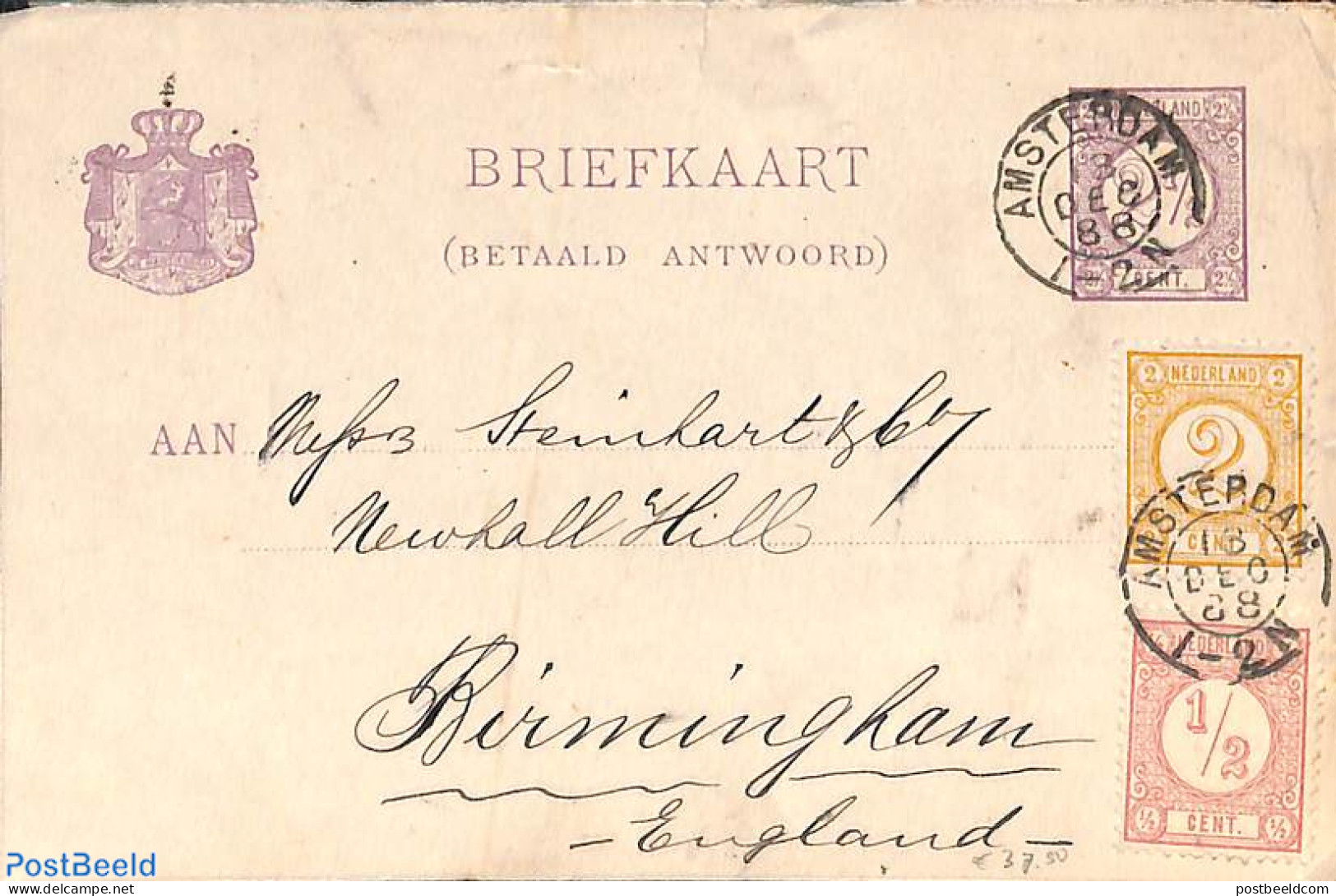 Netherlands 1888 Briefkaart From Amsterdam To Birmingham. Drukwerkzegels 1/2cent, 2 Cent, 2 1/2 Cent., Postal History - Covers & Documents