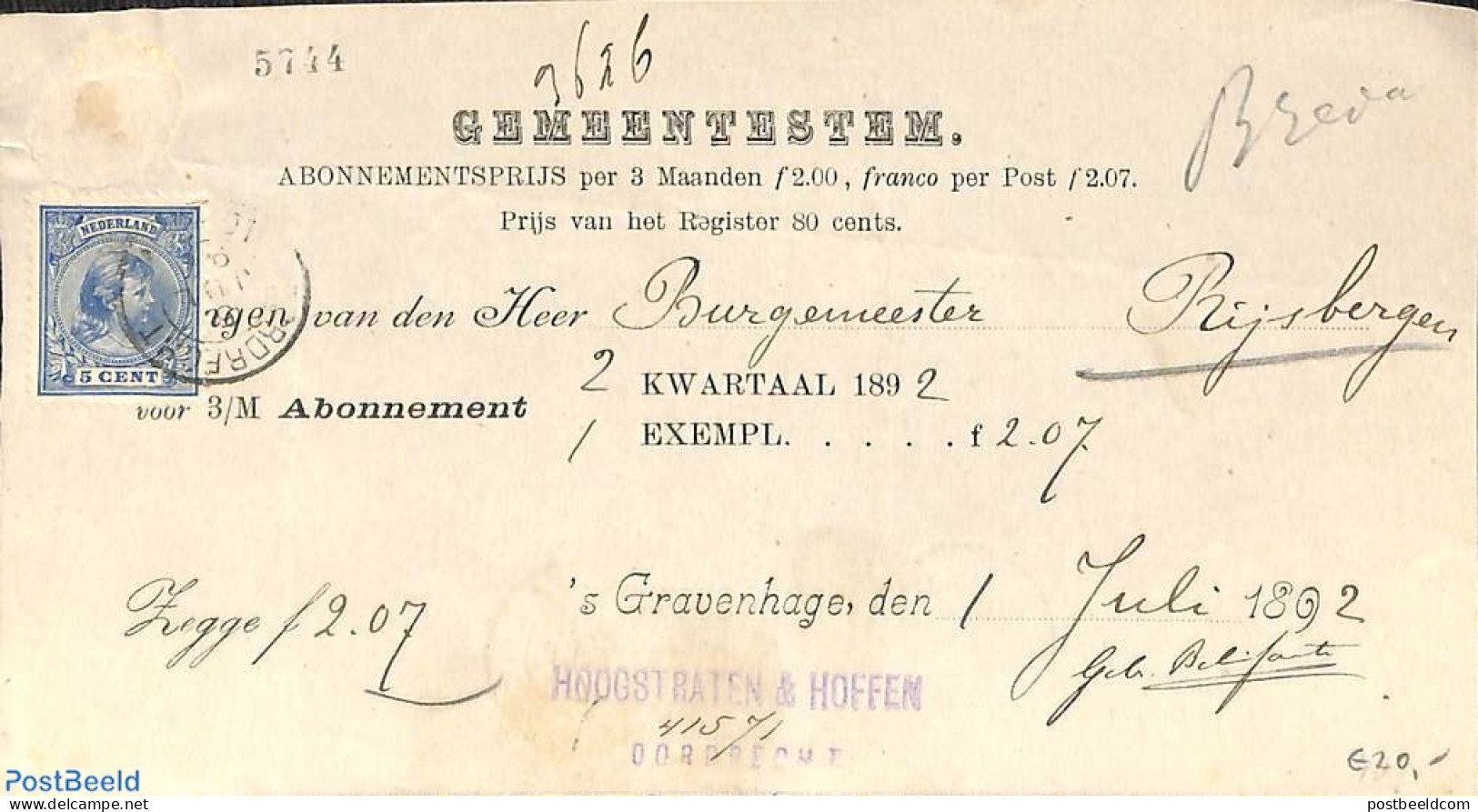 Netherlands 1892 Subscription From The Hague To Rijsbergen. Princess Wilhelmina (hangend Haar), Postal History - Brieven En Documenten