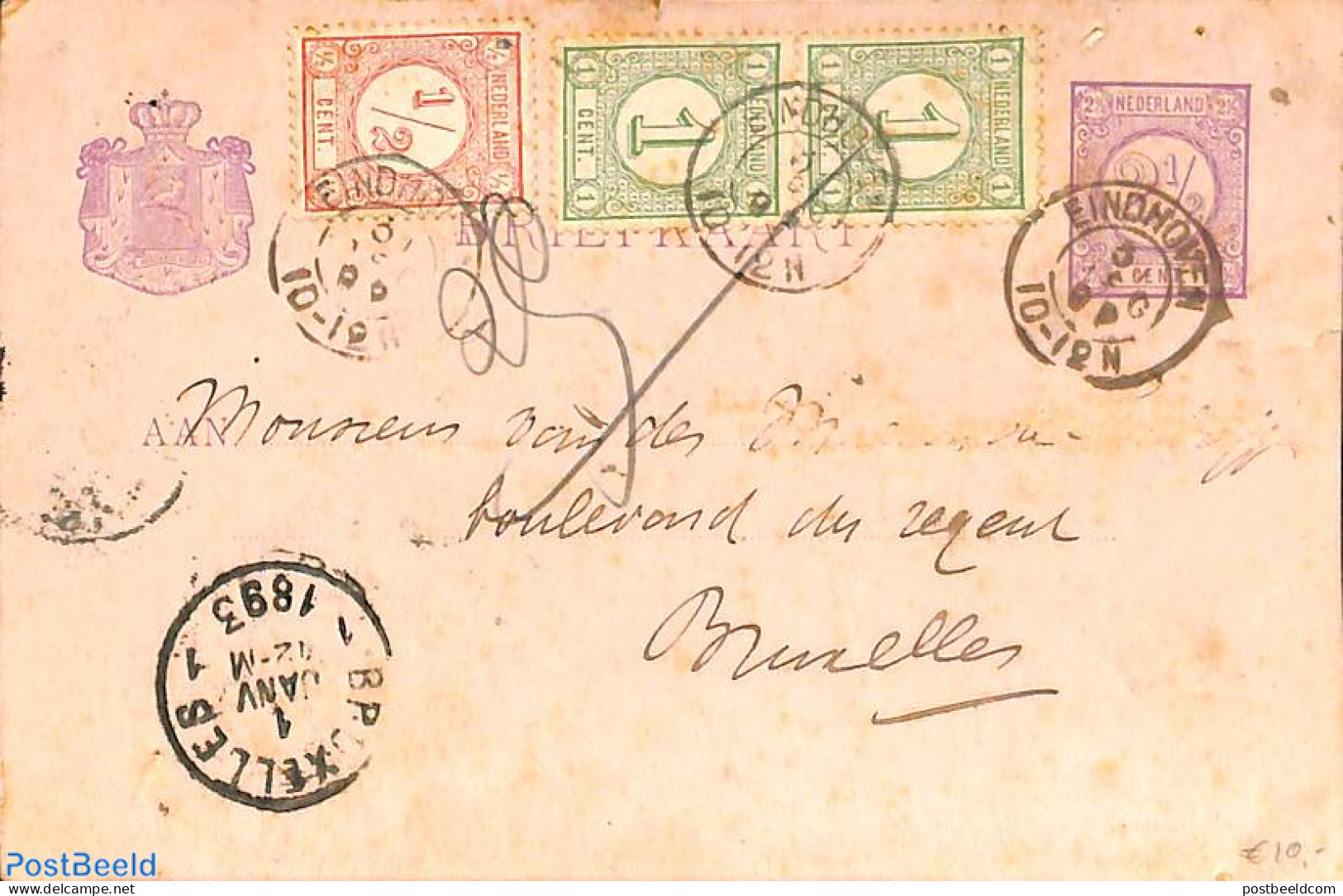 Netherlands 1893 Briefkaart From EIndhoven To Brussels, See Postmarks. 4x Drukwerkzegels Cijfer, Postal History - Covers & Documents