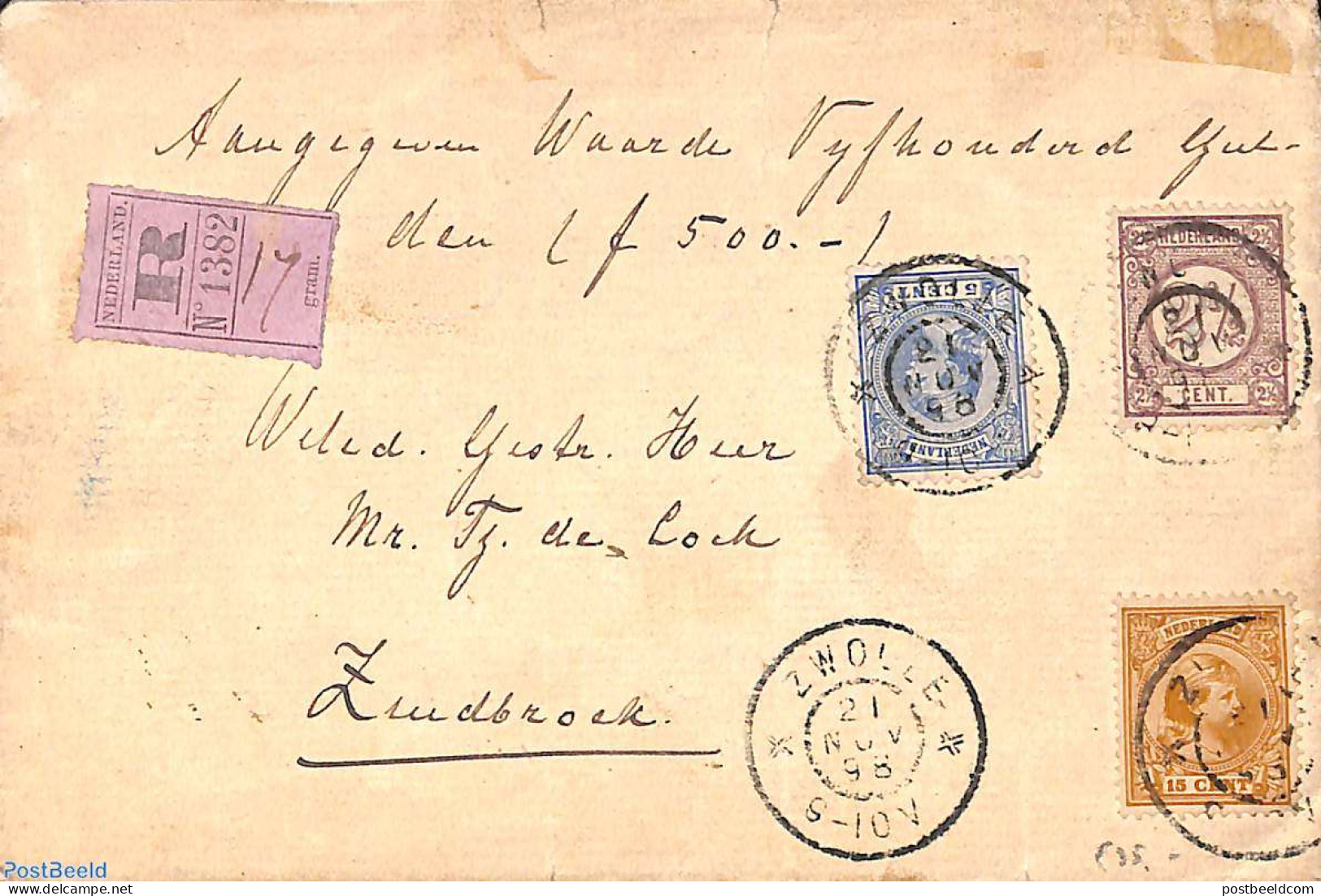 Netherlands 1898 Registered Valued Letter (waarde 500.-) From Zwolle To Zuidbroek, Postal History - Lettres & Documents