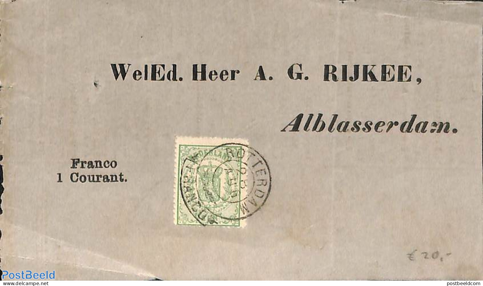 Netherlands 1886 Piece Of Newspaper Used As A Cover. From Rotterdam To Alblasserdam. Wapenzegel 1 C, Green, Postal His.. - Brieven En Documenten