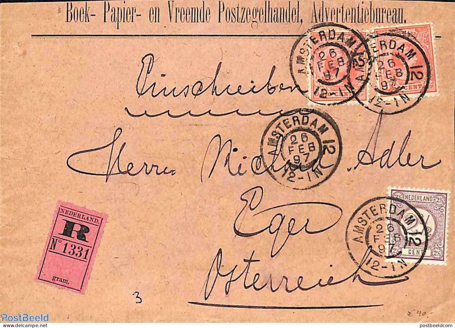 Netherlands 1897 Registered Envelope From Amsterdam To Eger/Cheb . Drukwerkzegel 2.5c And Princess Wilhelmina (hangend.. - Briefe U. Dokumente