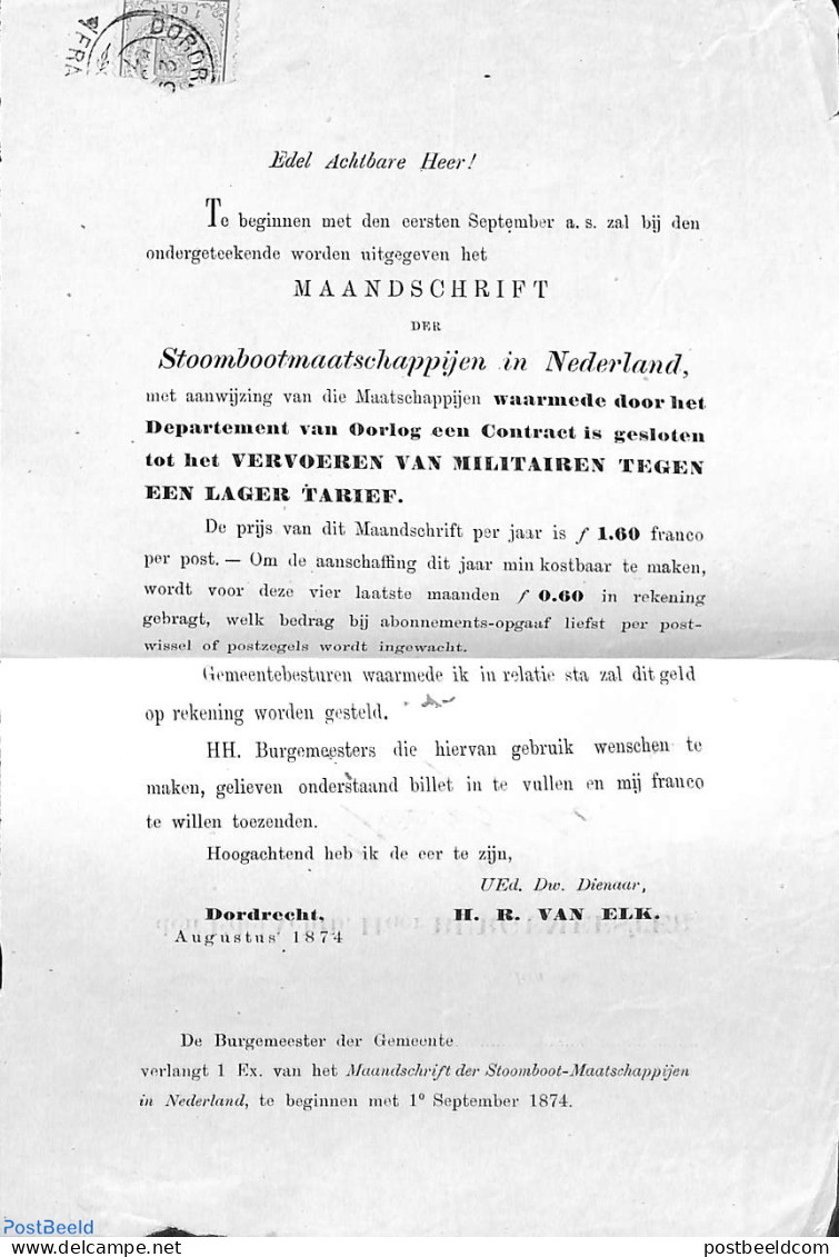 Netherlands 1874 Folding Official Mail From Dordrecht To Weerselo. See Dordrecht Postmark And Wapenzegel 1 C, Postal H.. - Covers & Documents