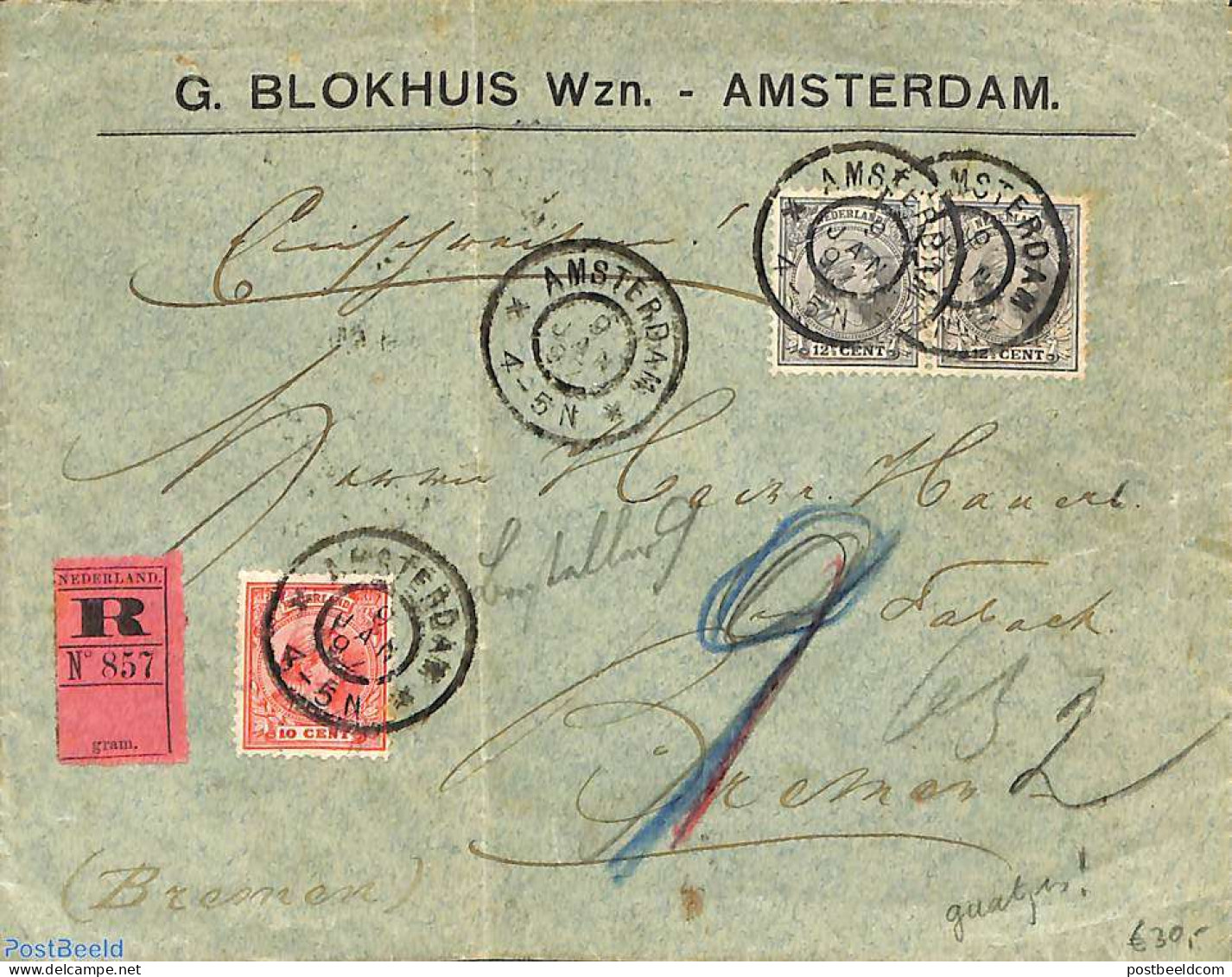 Netherlands 1897 Registered Cover From Amsterdam To Bremen. See Both Postmarks And Princess Wilhelmina (hangend Haar) .. - Brieven En Documenten