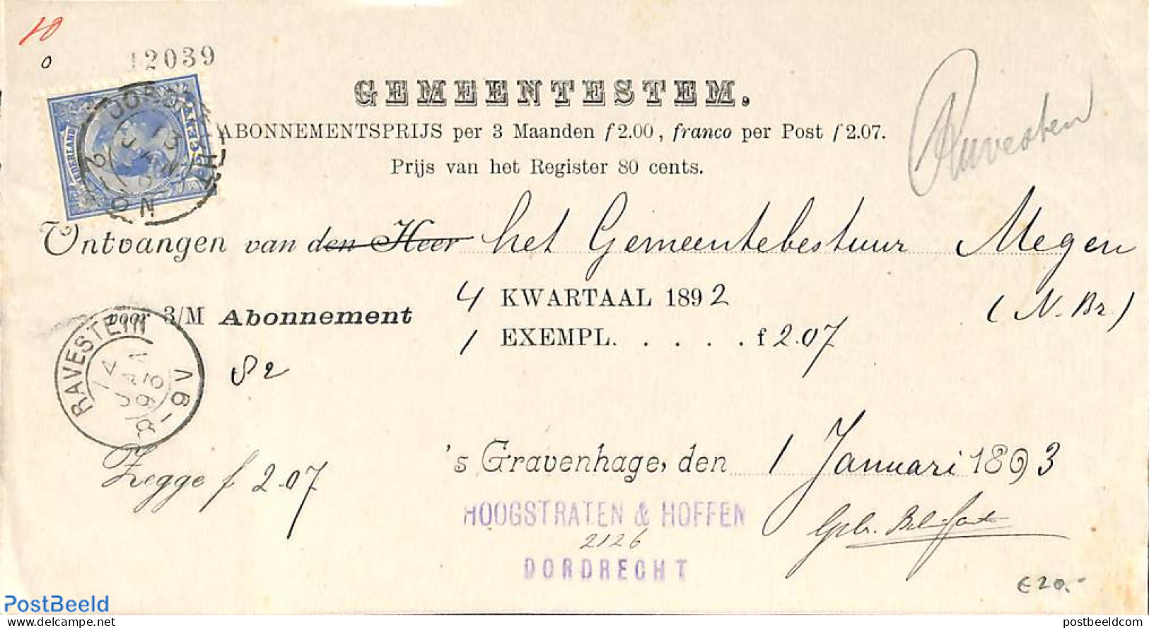 Netherlands 1893 Official Mail From Megen To The Hague Via Ravenstein, See All Postmarks. Princess Wilhelmina (hangend.. - Storia Postale