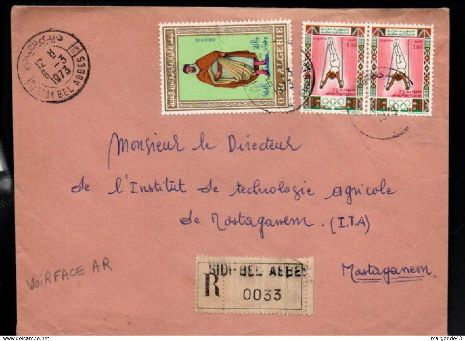 ALGERIE AFFRANCHISSEMENT COMPOSE SUR LETTRE RECOMMANDEE DE SIDI BEL ABBES POUR LA FRANCE 1973 - Algeria (1962-...)