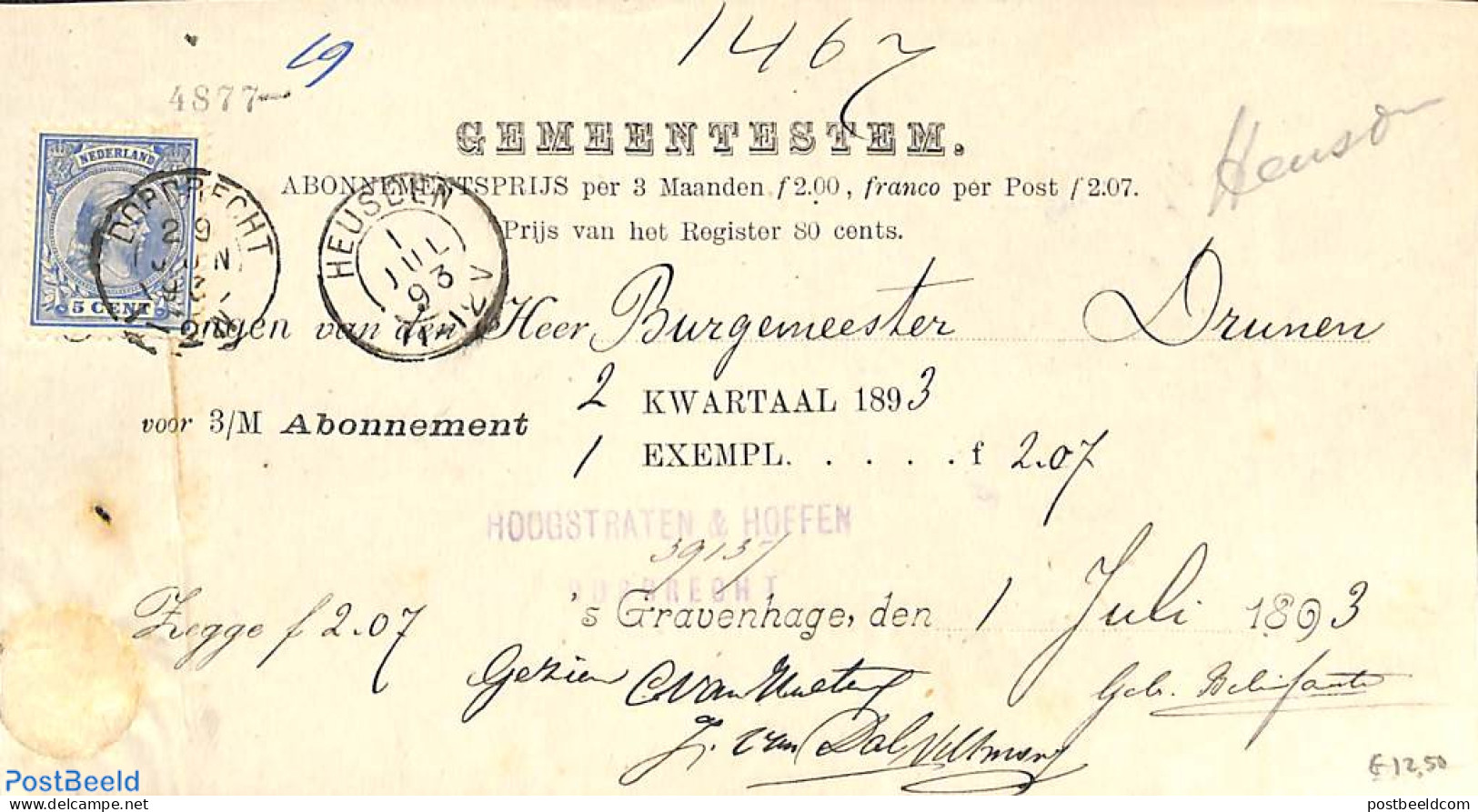 Netherlands 1893 Subscription From The Hague To Drunen Via Heusden, See Postmarks. Princess Wilhelmina (hangend Haar),.. - Lettres & Documents