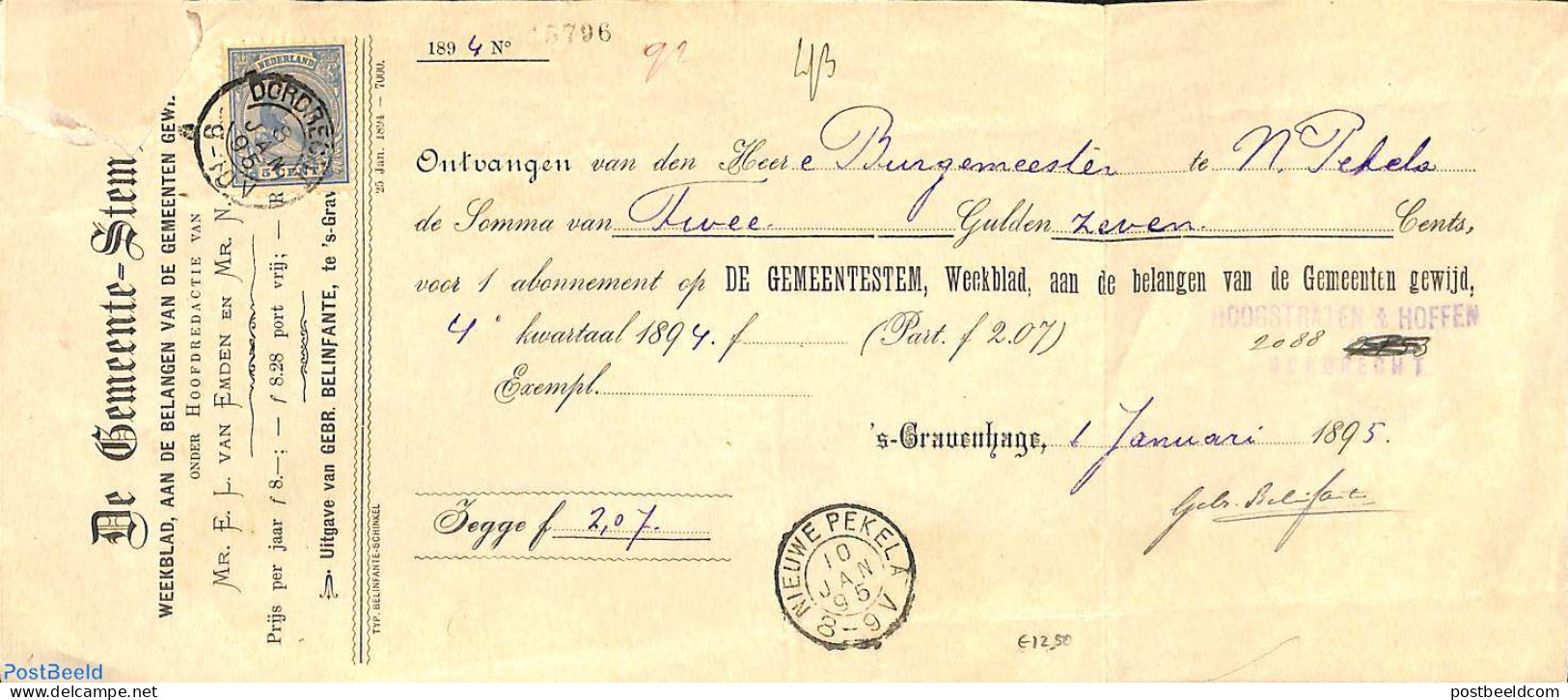 Netherlands 1894 Official Mail From Nieuwe Pekela To The Hague, Via Dordrecht (see Postmarks). Princess Wilhelmina (ha.. - Briefe U. Dokumente