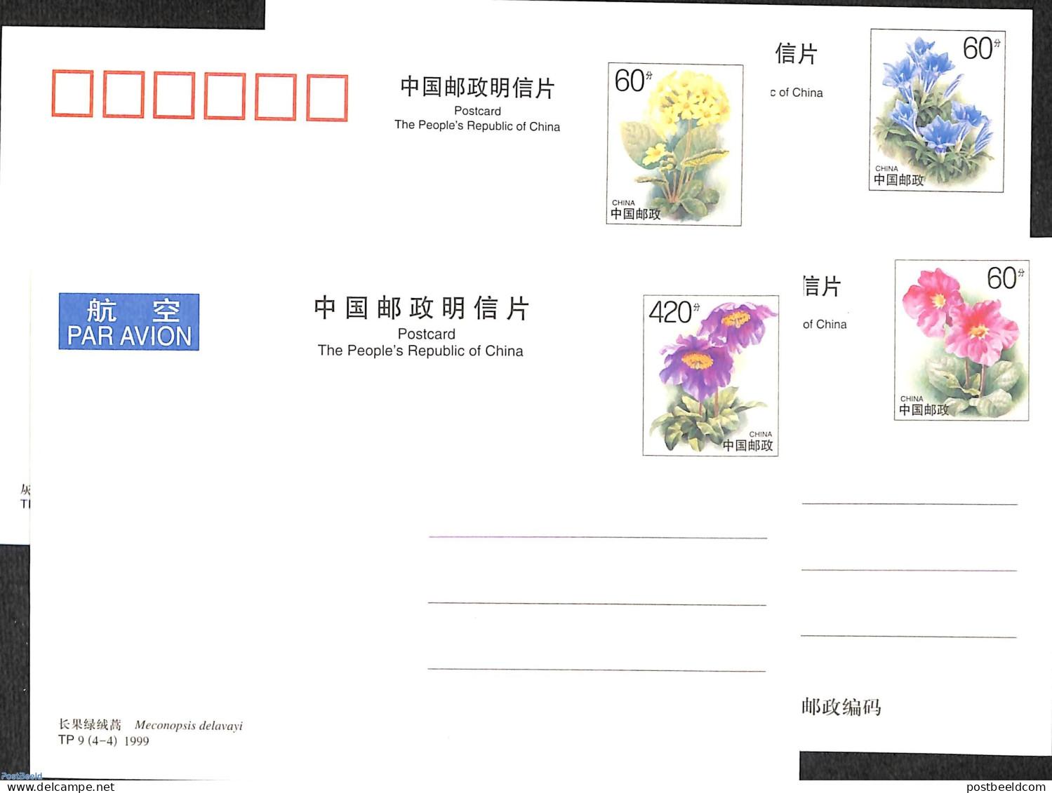 China People’s Republic 1998 Postcard Set, Alpine Flowers (4 Cards), Unused Postal Stationary, Flowers & Plants - Brieven En Documenten