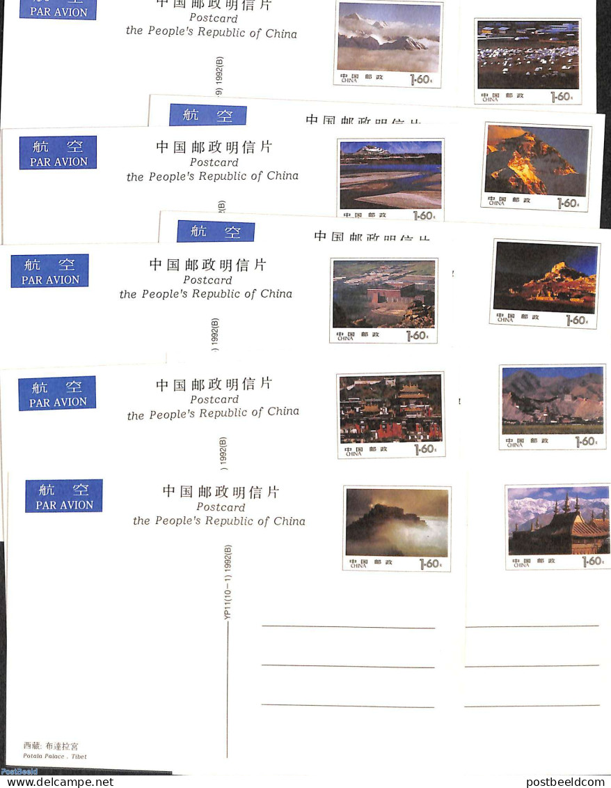 China People’s Republic 1992 Postcard Set, Landscapes Of Tibet, Int. Mail (10 Cards), Unused Postal Stationary, Tour.. - Briefe U. Dokumente