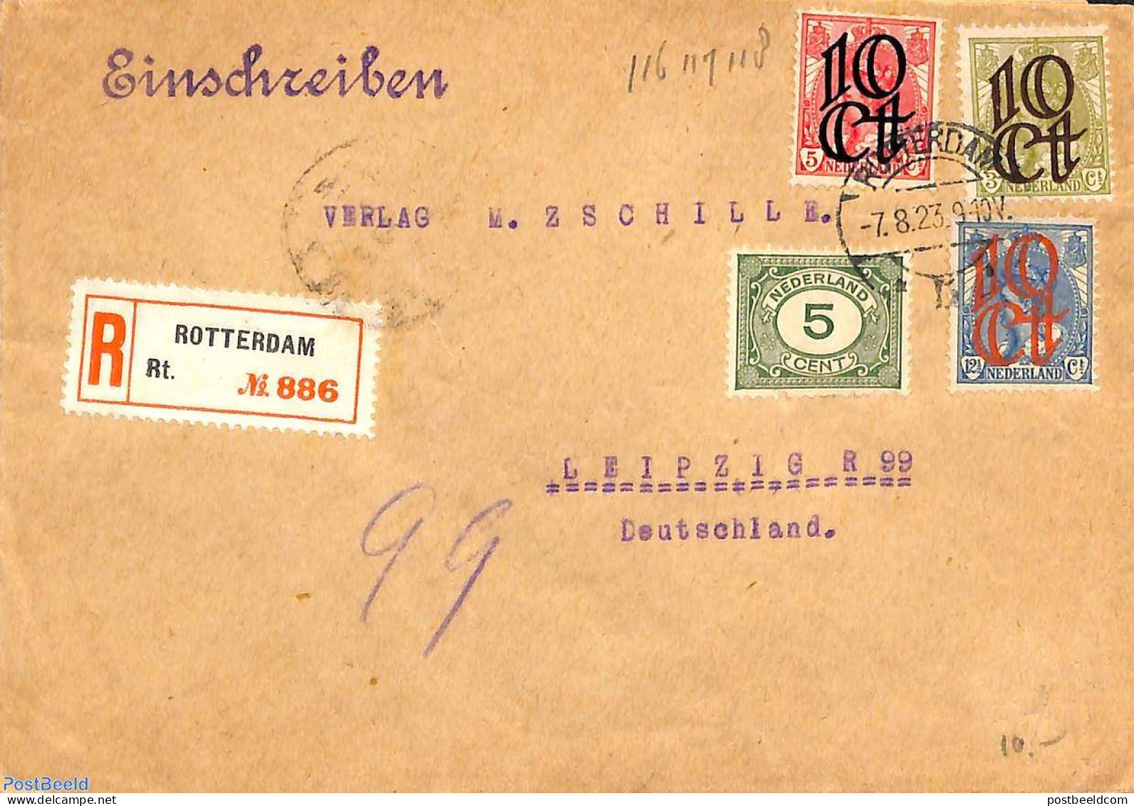Netherlands 1923 Registered Letter From Rotterdam To Leipzig, Postal History - Cartas & Documentos