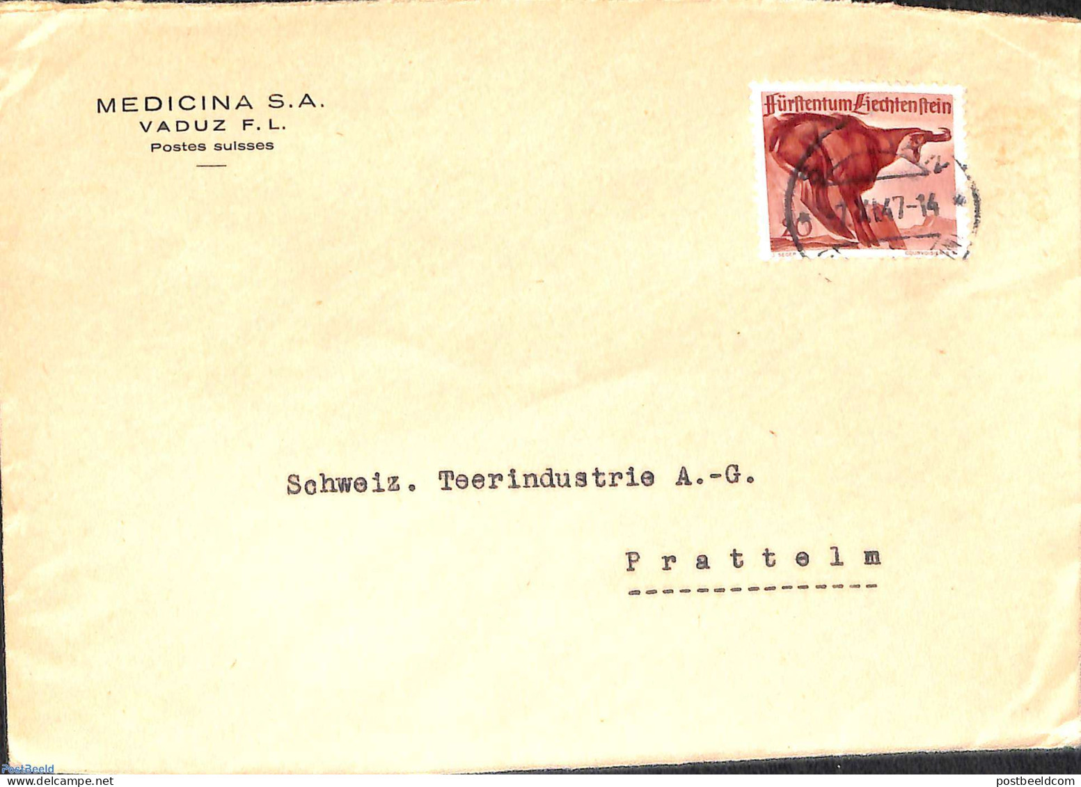 Liechtenstein 1947 Letter To Pratteln, Postal History, Animals (others & Mixed) - Covers & Documents