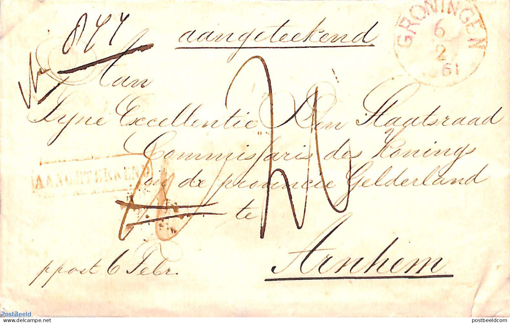 Netherlands 1861 Registered Letter From Groningen To Arnhem , Postal History - Covers & Documents