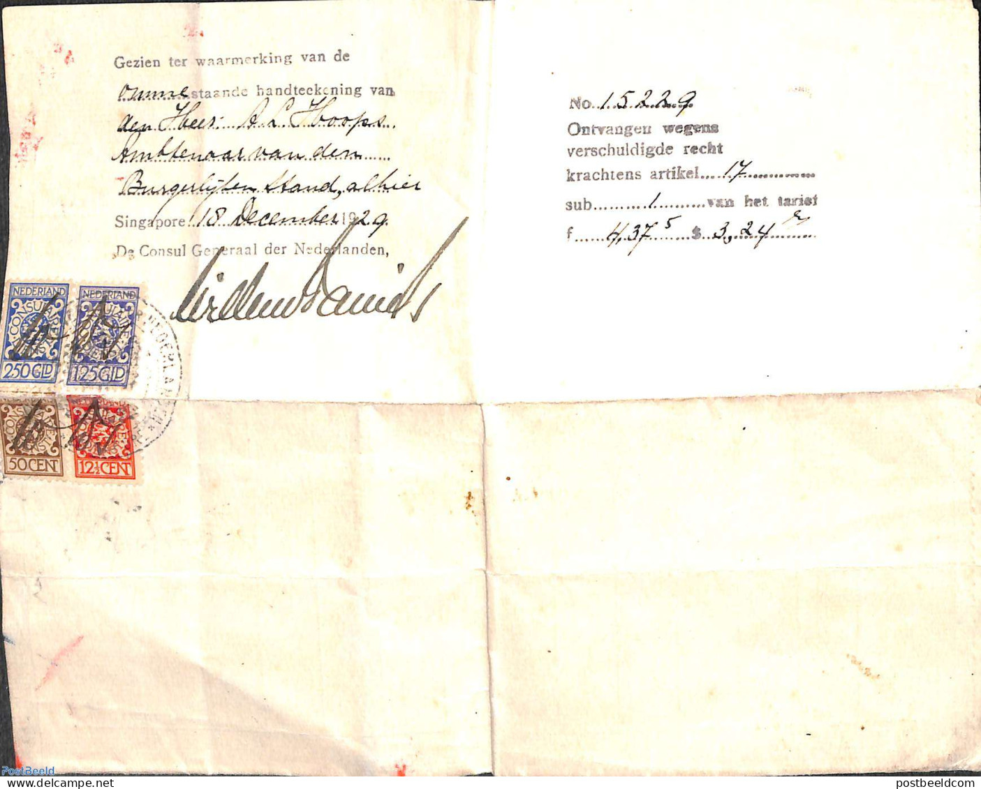 Netherlands 1929 Certificate Of Extract From Register Of Births , Postal History - Storia Postale