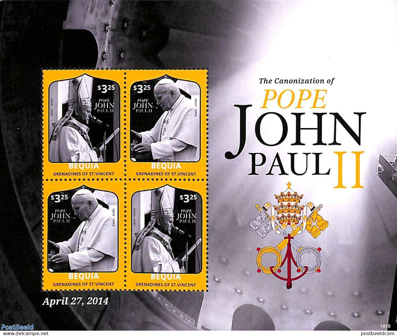 Saint Vincent & The Grenadines 2014 Bequia, Pope John Paul II 4v M/s, Mint NH, Religion - Pope - Religion - Popes