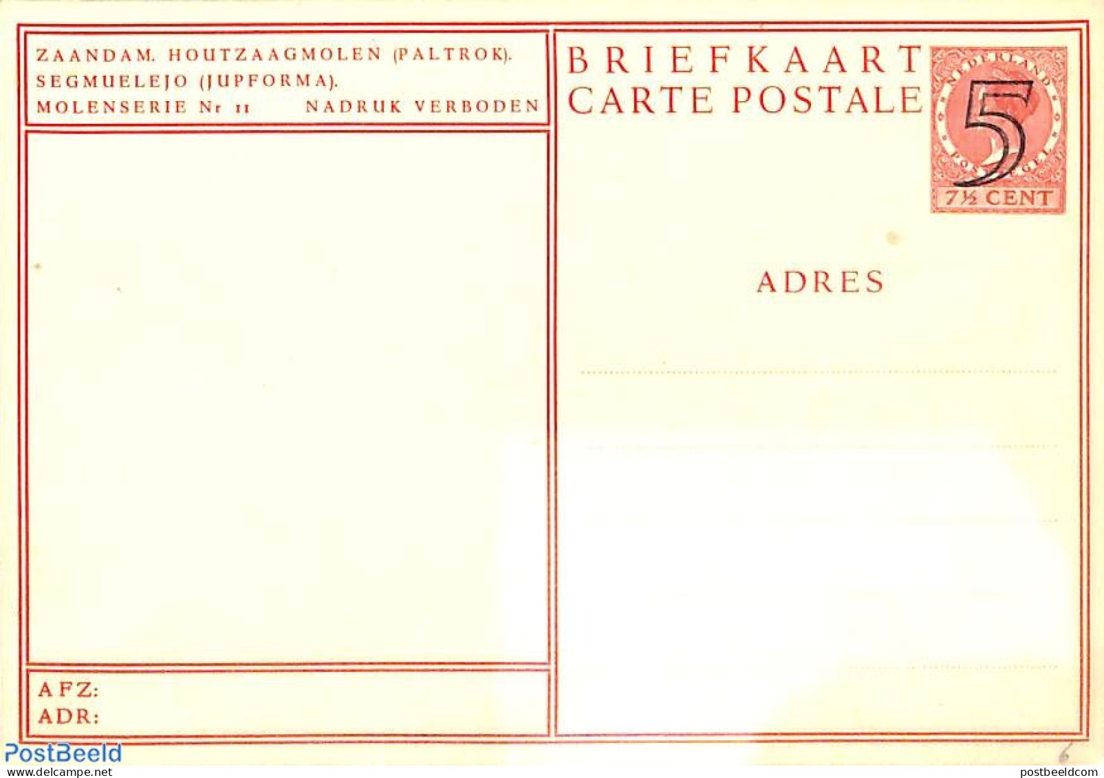 Netherlands 1946 Postcard 5c On 7,5c, Molenreeks Nr. 13, Het Kalf, Unused Postal Stationary, Mills (Wind & Water) - Storia Postale