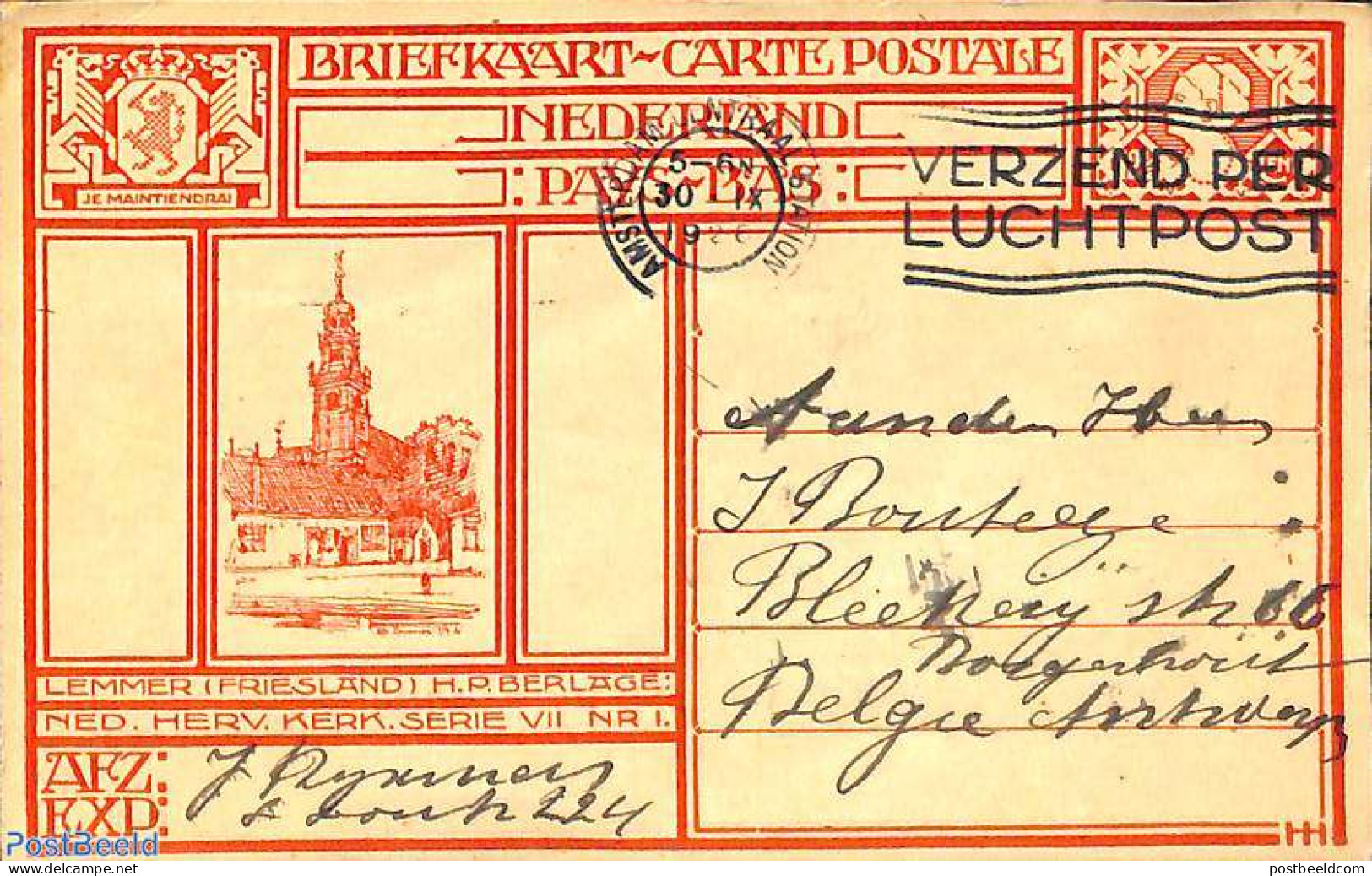 Netherlands 1926 Postcard 12.5c, Lemmer, Sent To Belgium, Used Postal Stationary - Storia Postale