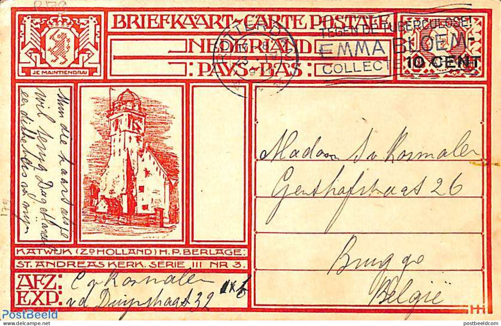 Netherlands 1926 Postcard 10 Cent On 12.5c, Katwijk, Sent To Belgium, Used Postal Stationary - Brieven En Documenten