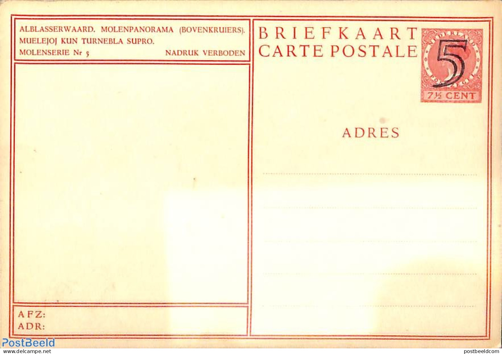 Netherlands 1946 Postcard 5c On 7.5c, Molenserie No. 5, Alblasserwaard, Unused Postal Stationary, Mills (Wind & Water) - Lettres & Documents