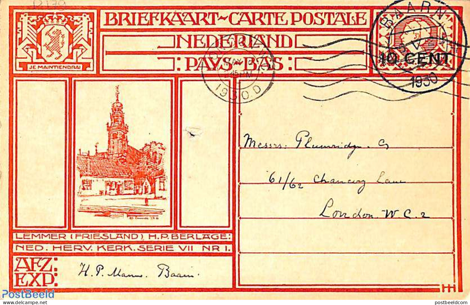 Netherlands 1930 Postcard 10 Cent On 12.5c, Lemmer, Sent To London, Used Postal Stationary - Covers & Documents