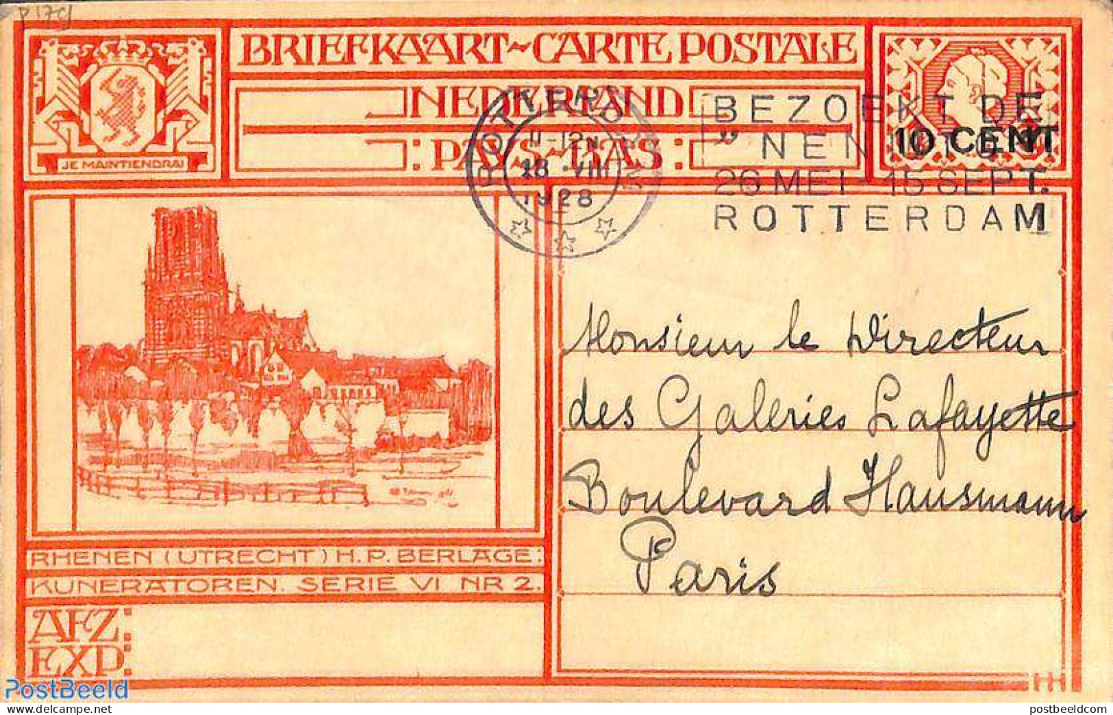 Netherlands 1928 Postcard 10 Cent On 12.5c, Rhenen, Sent To Paris, Used Postal Stationary - Cartas & Documentos