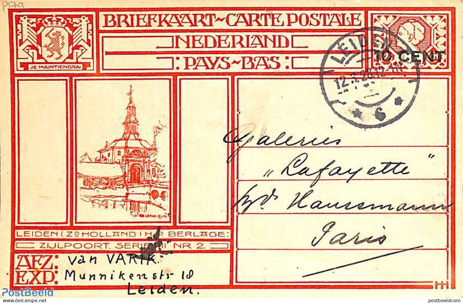 Netherlands 1928 Postcard 10 Cent On 12.5c, Leiden, Sent To Paris, Used Postal Stationary - Cartas & Documentos