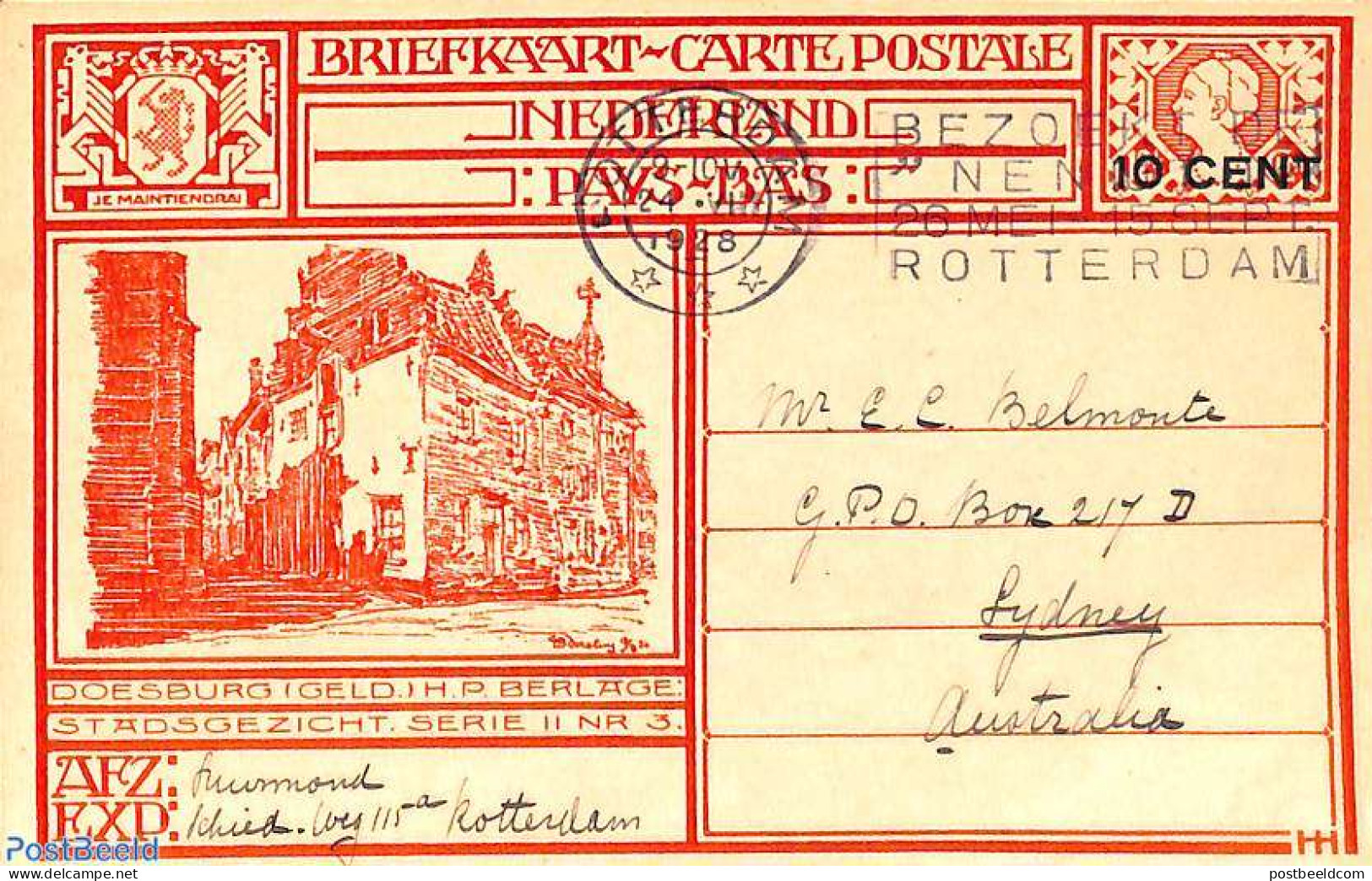 Netherlands 1928 Postcard 10 Cent On 12.5c,  Doesburg, Sent To Australia, Used Postal Stationary - Cartas & Documentos