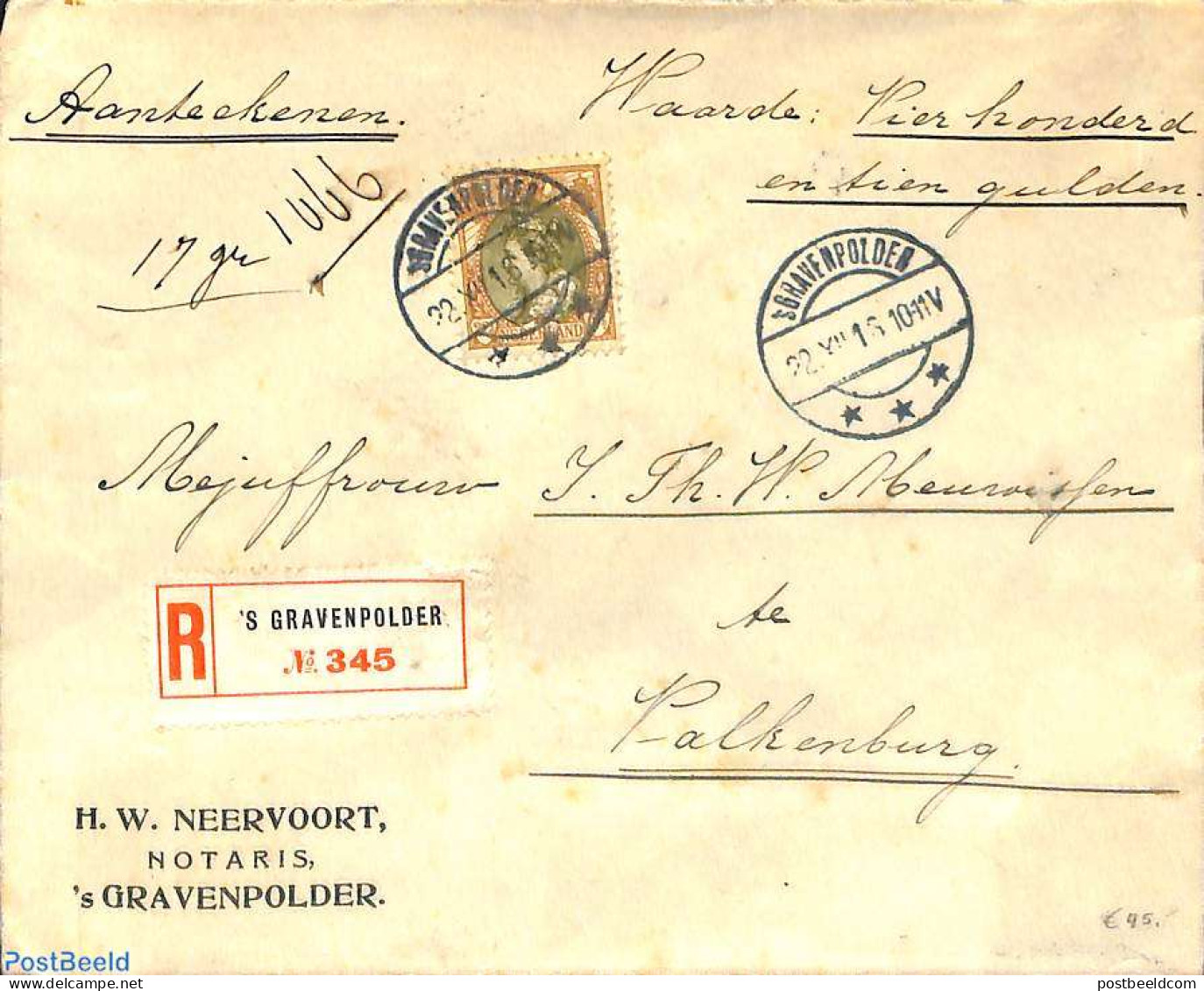 Netherlands 1916 Registered Letter From 's Gravenpolder To Valkenburg, Postal History - Storia Postale