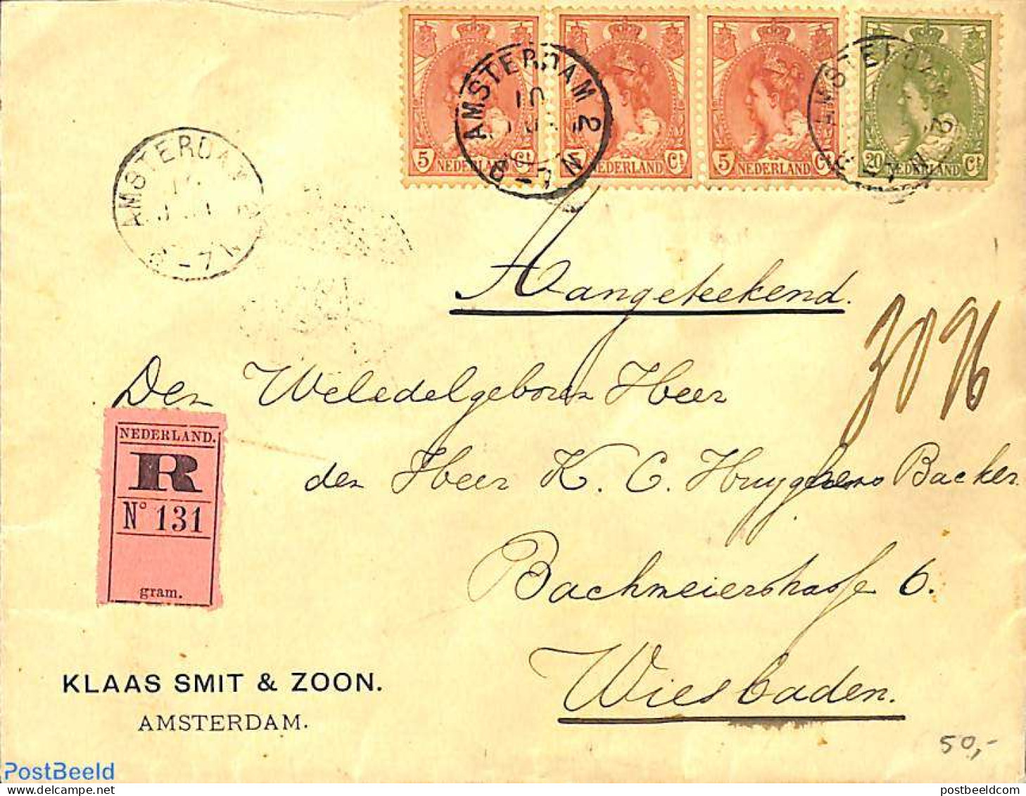 Netherlands 1900 Registered Letter From Amsterdam To Wiesbaden , Postal History - Brieven En Documenten